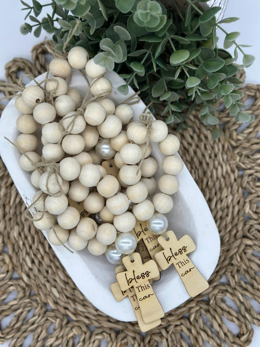 Wood Bead Car Rosary | God Bless This Car Charm