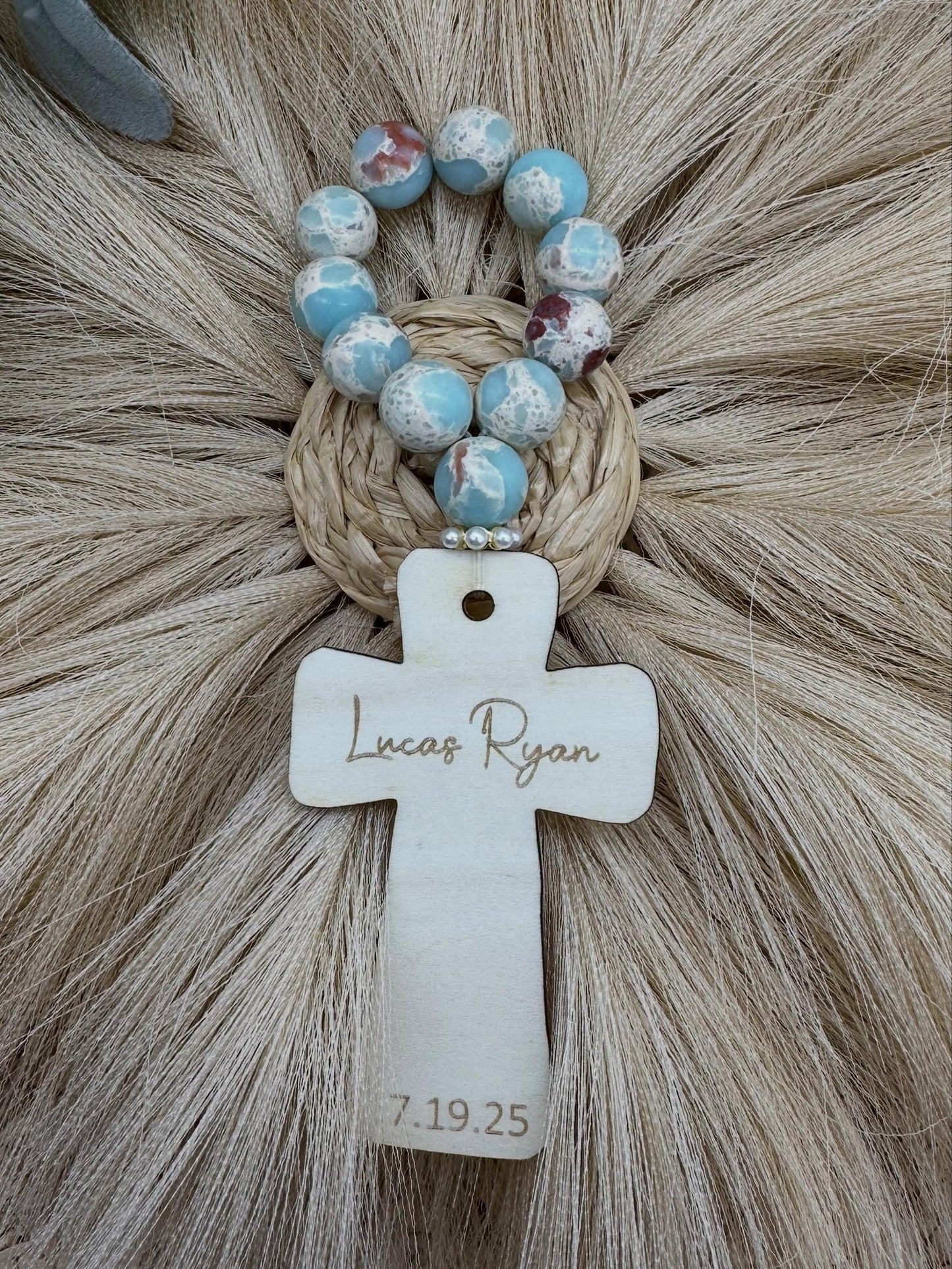 Stone Decade Rosary with Pearls: Baptism/Communion Gift