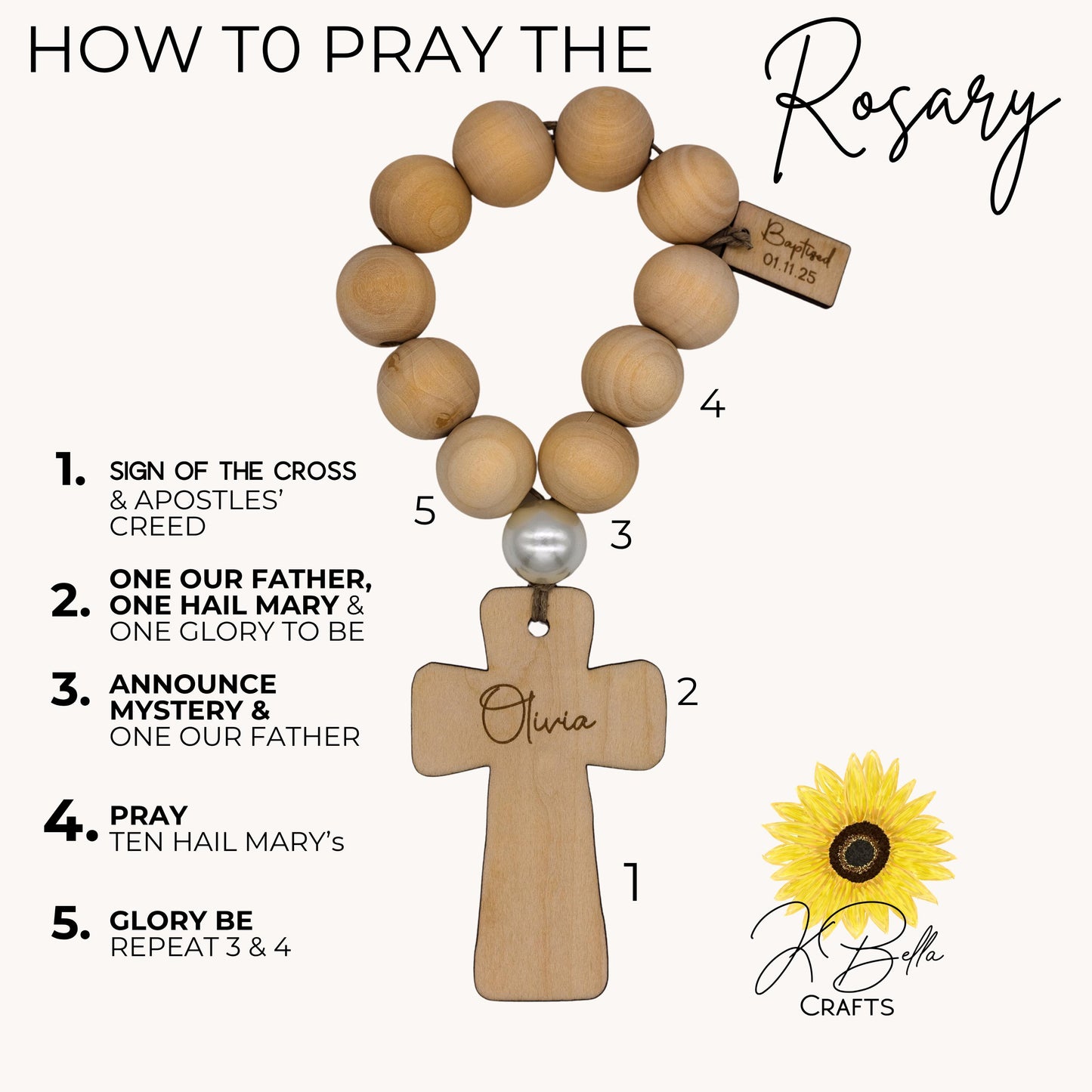 Personalized Wood Bead Decade Rosary: Catholic Prayer Beads, Baptism Gift