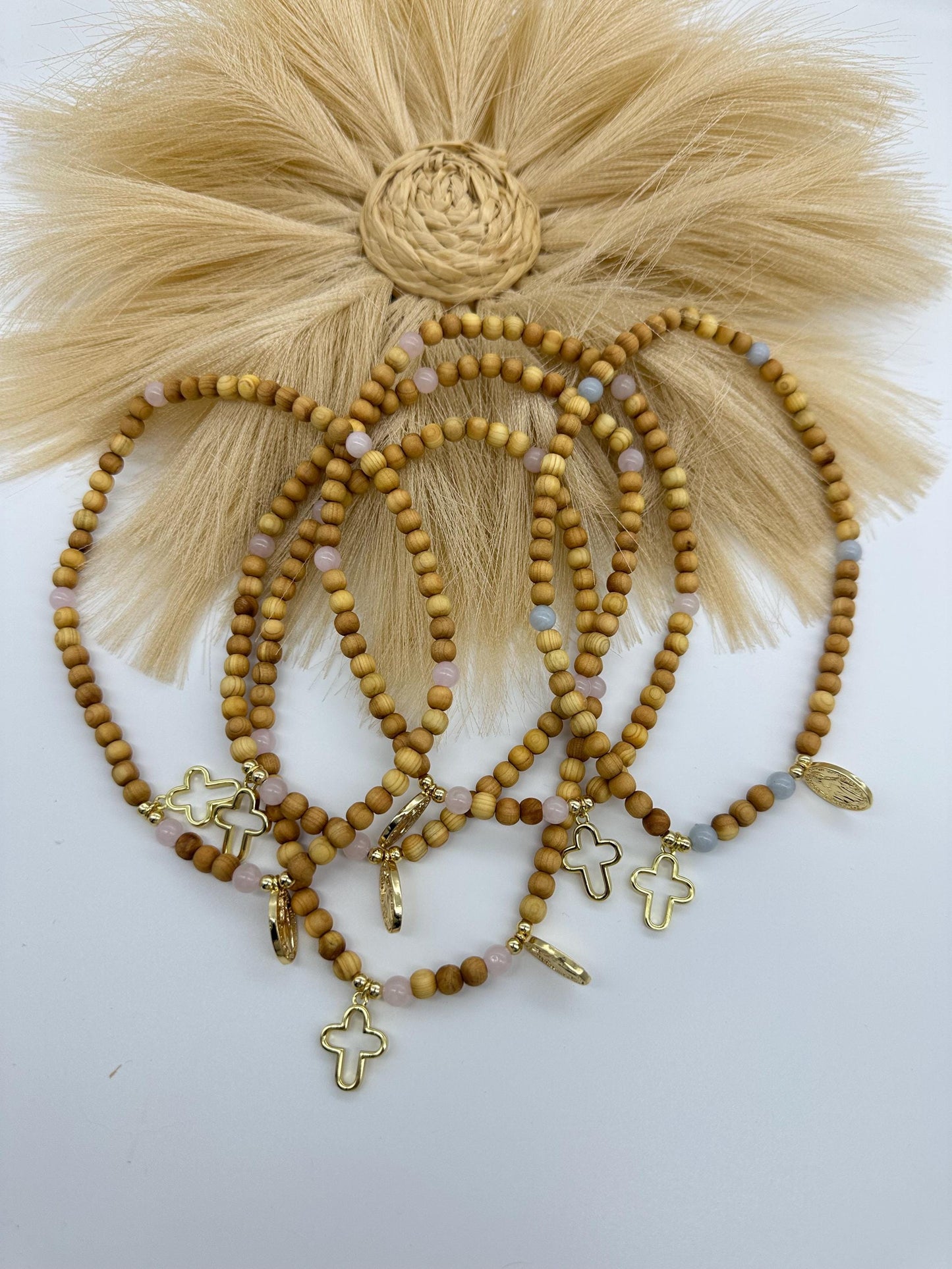 Olive Wood Rosary Wrap Bracelet: Rose Quartz or Aquamarine, Miraculous Mary Charm