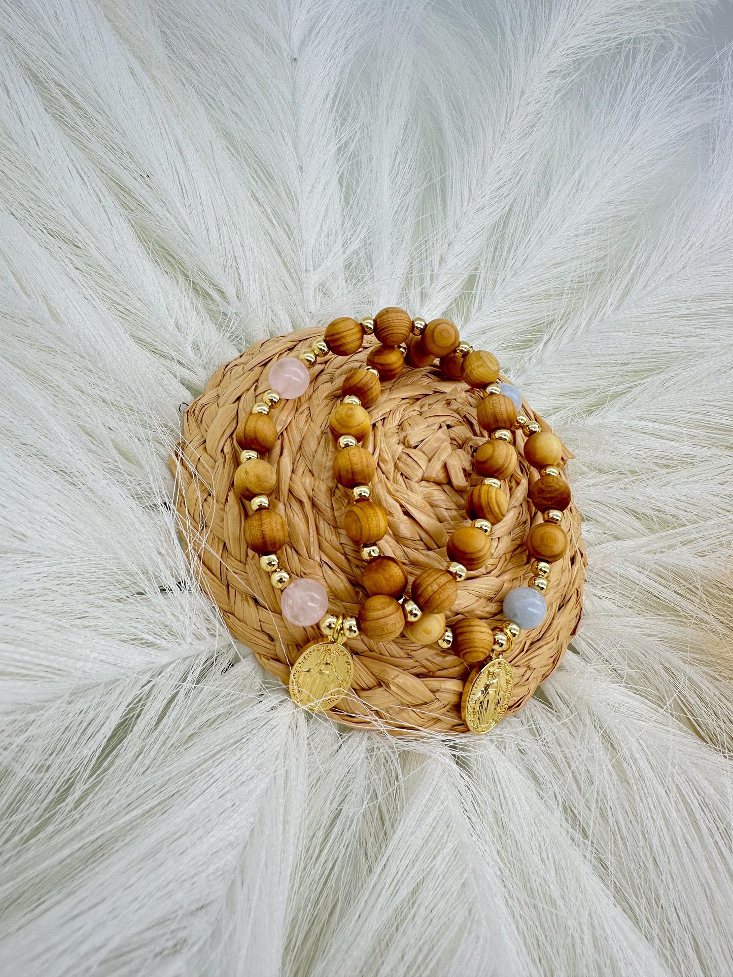 Olive Wood Rosary Bracelet: Miraculous Medal, Rose Quartz or Aquamarine