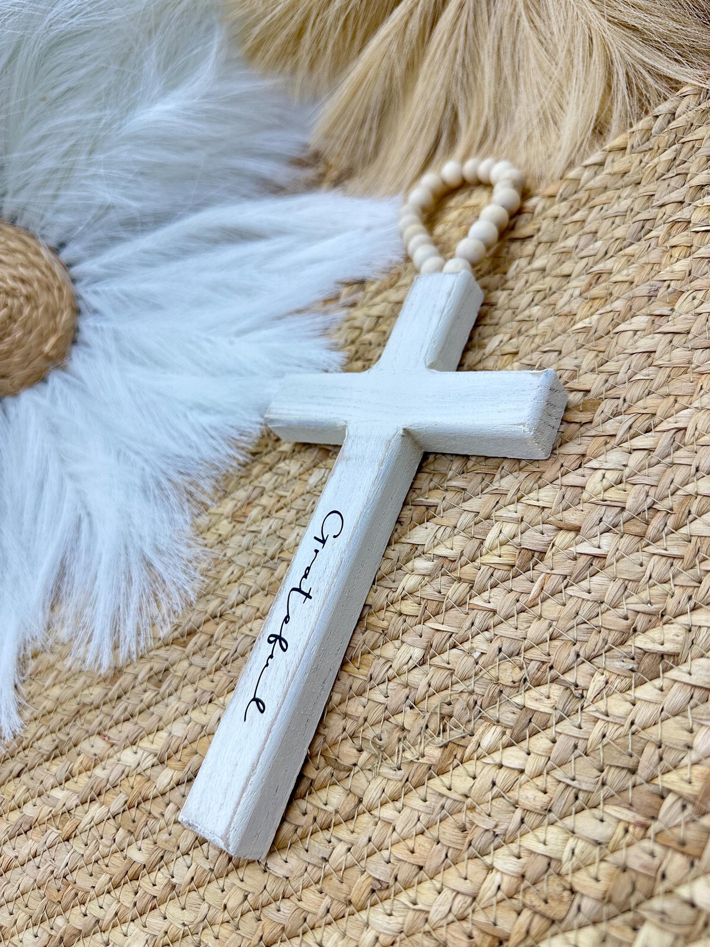 Rustic White Cross to honor strength and gratitude.