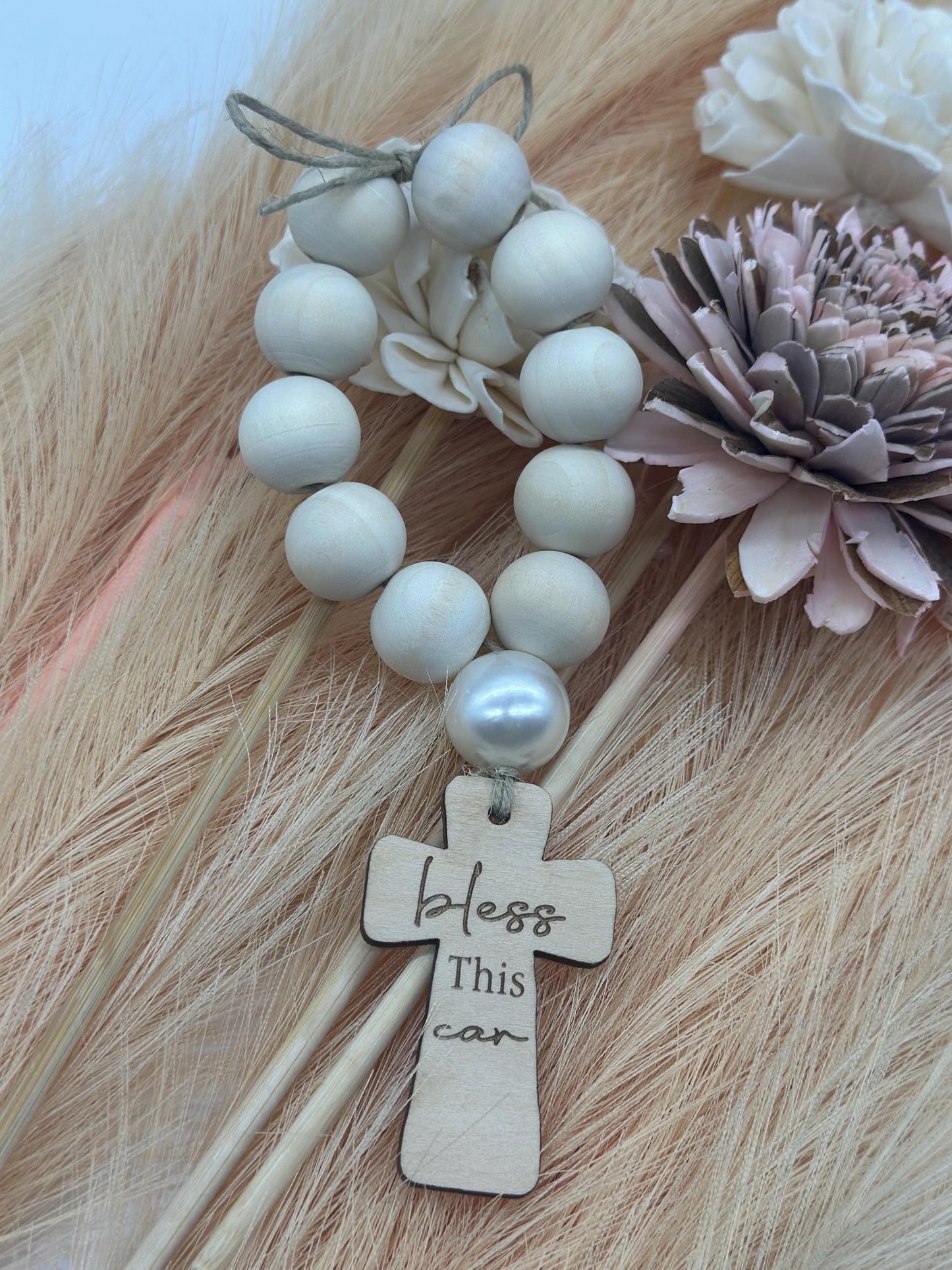 Wood Car Rosary: "God Bless This Car" Rearview Mirror Charm