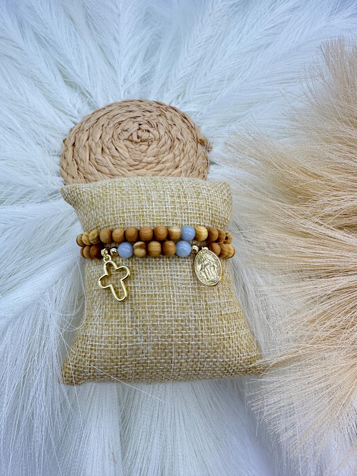Olive Wood Rosary Wrap Bracelet: Rose Quartz or Aquamarine, Miraculous Mary Charm