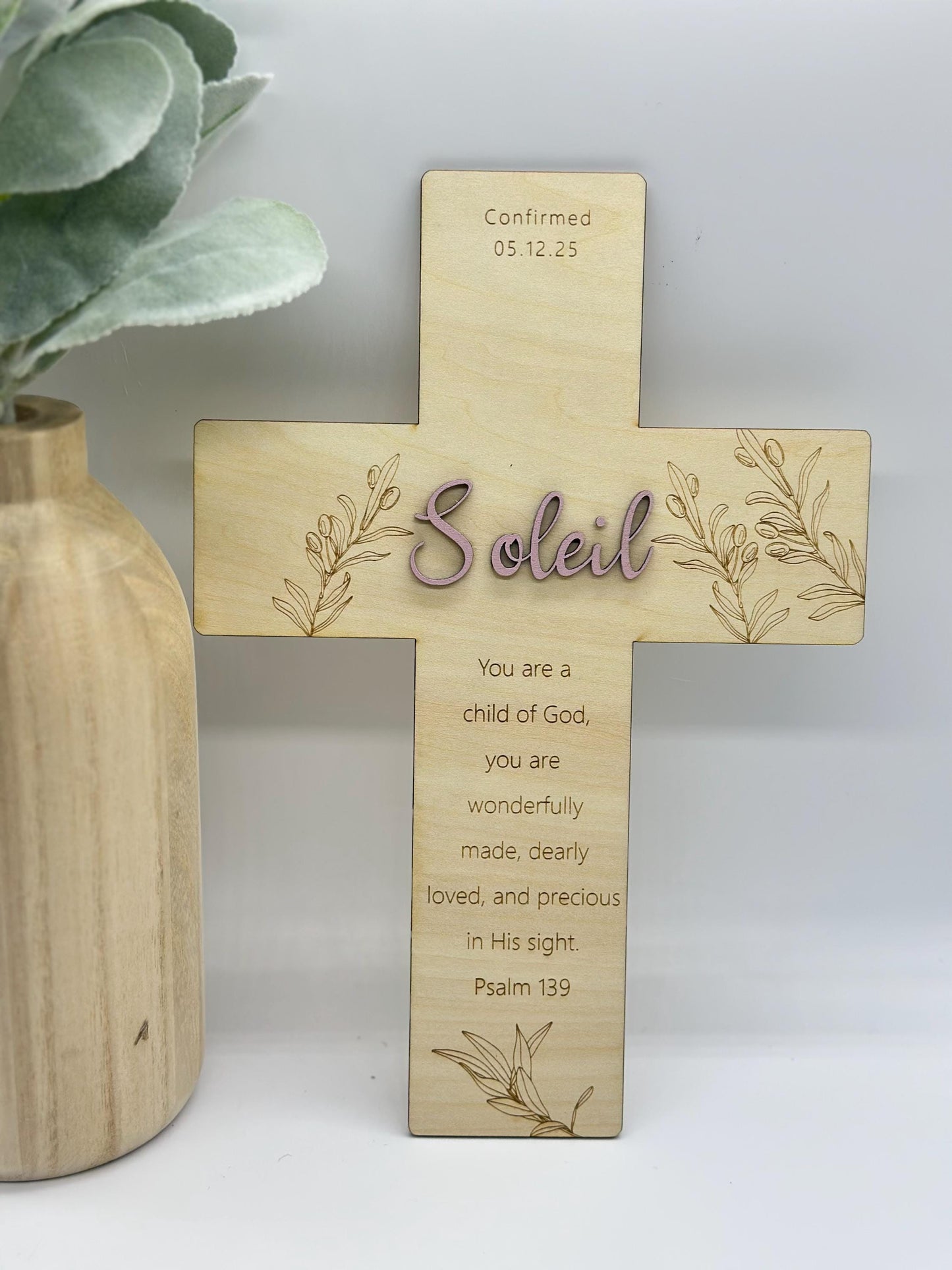 Personalized Olive Branch Wood Cross: Baptism, First Communion Gift
