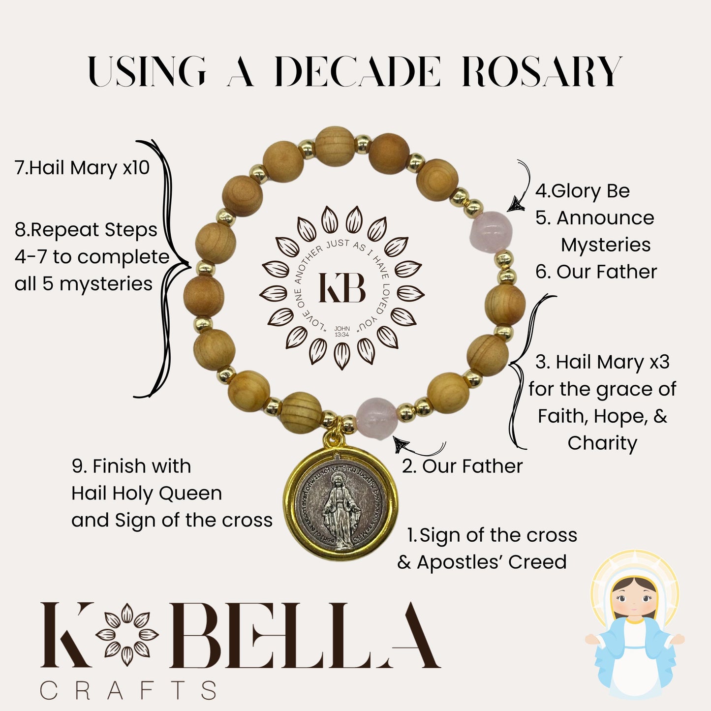 Olive Wood Rosary Bracelet: Miraculous Medal, Rose Quartz or Aquamarine