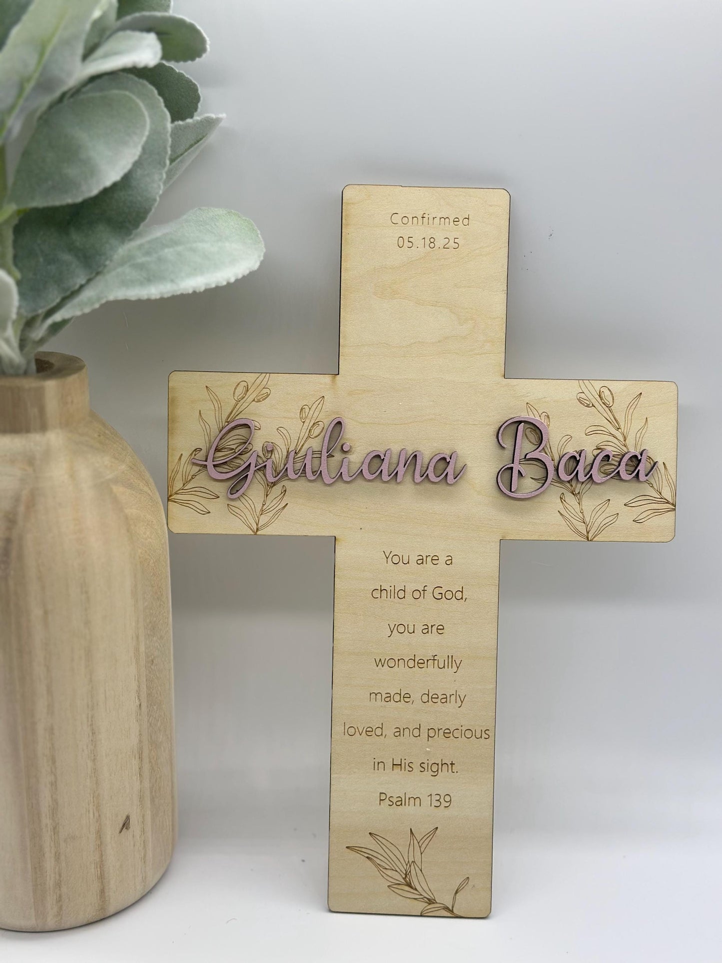 Personalized Olive Branch Wood Cross: Baptism, First Communion Gift