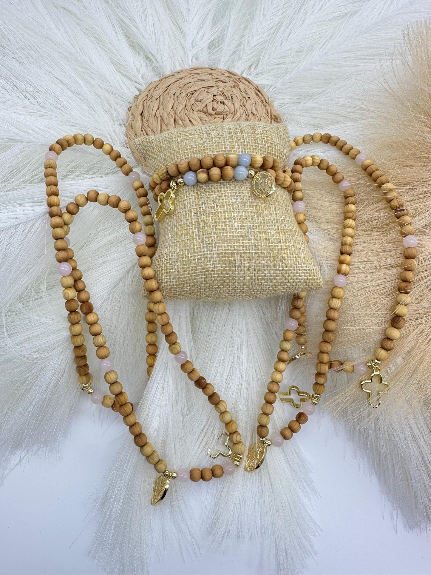 Olive Wood Rosary Wrap Bracelet: Rose Quartz or Aquamarine, Miraculous Mary Charm