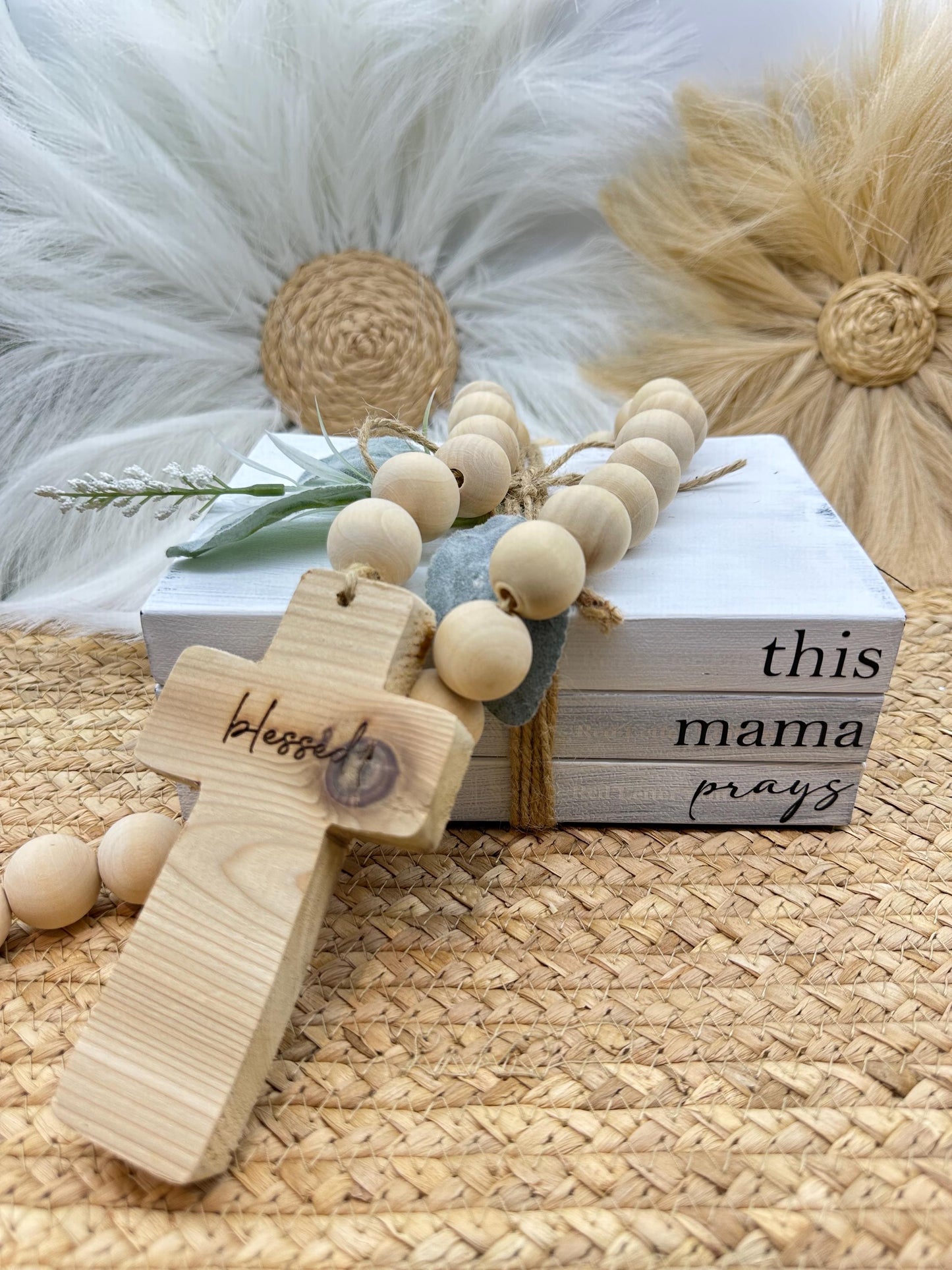 Farmhouse Bible Book Stack: This Mama Prays Decor, Greenery Accents