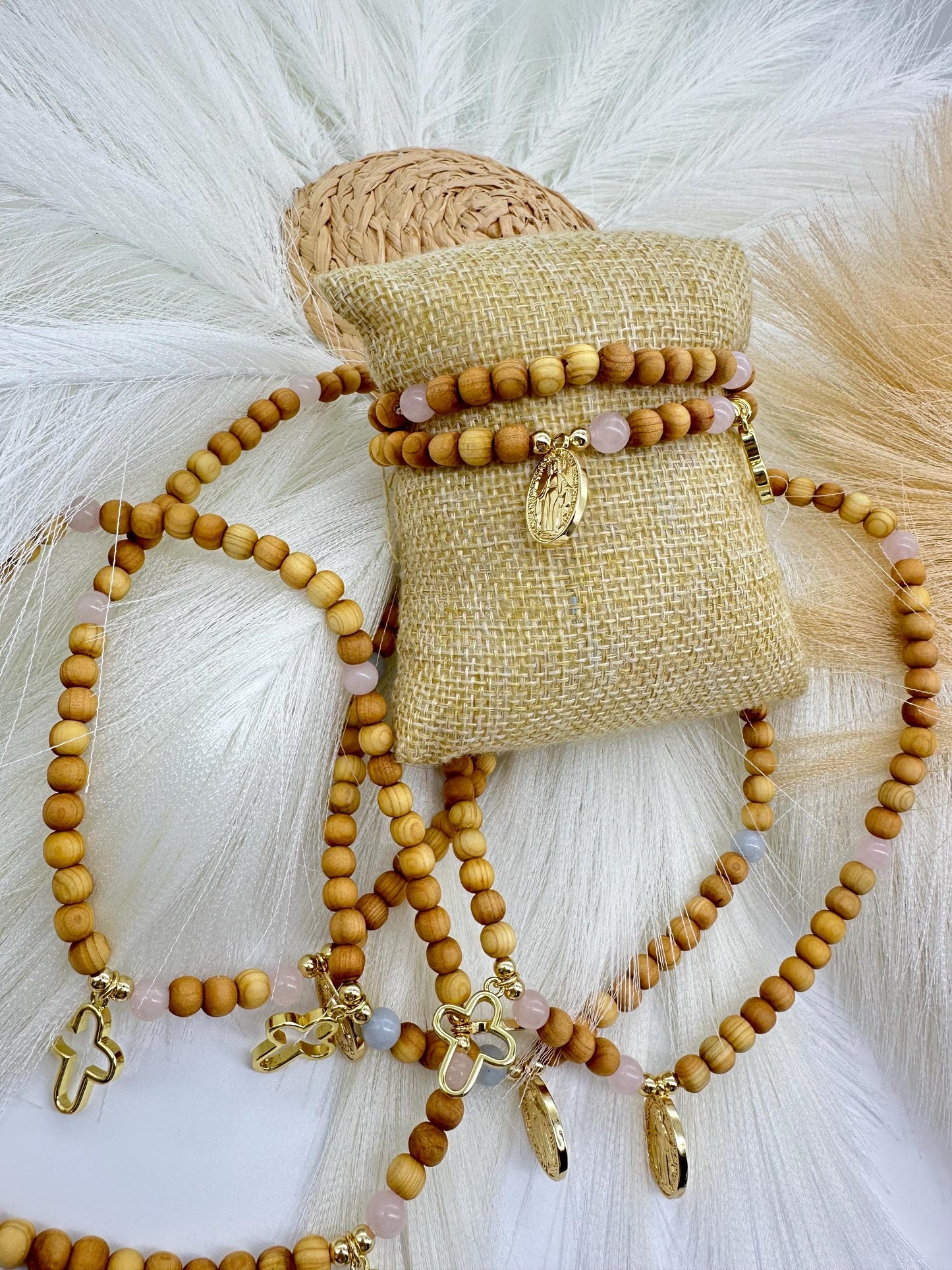 Olive Wood Rosary Wrap Bracelet: Rose Quartz or Aquamarine, Miraculous Mary Charm