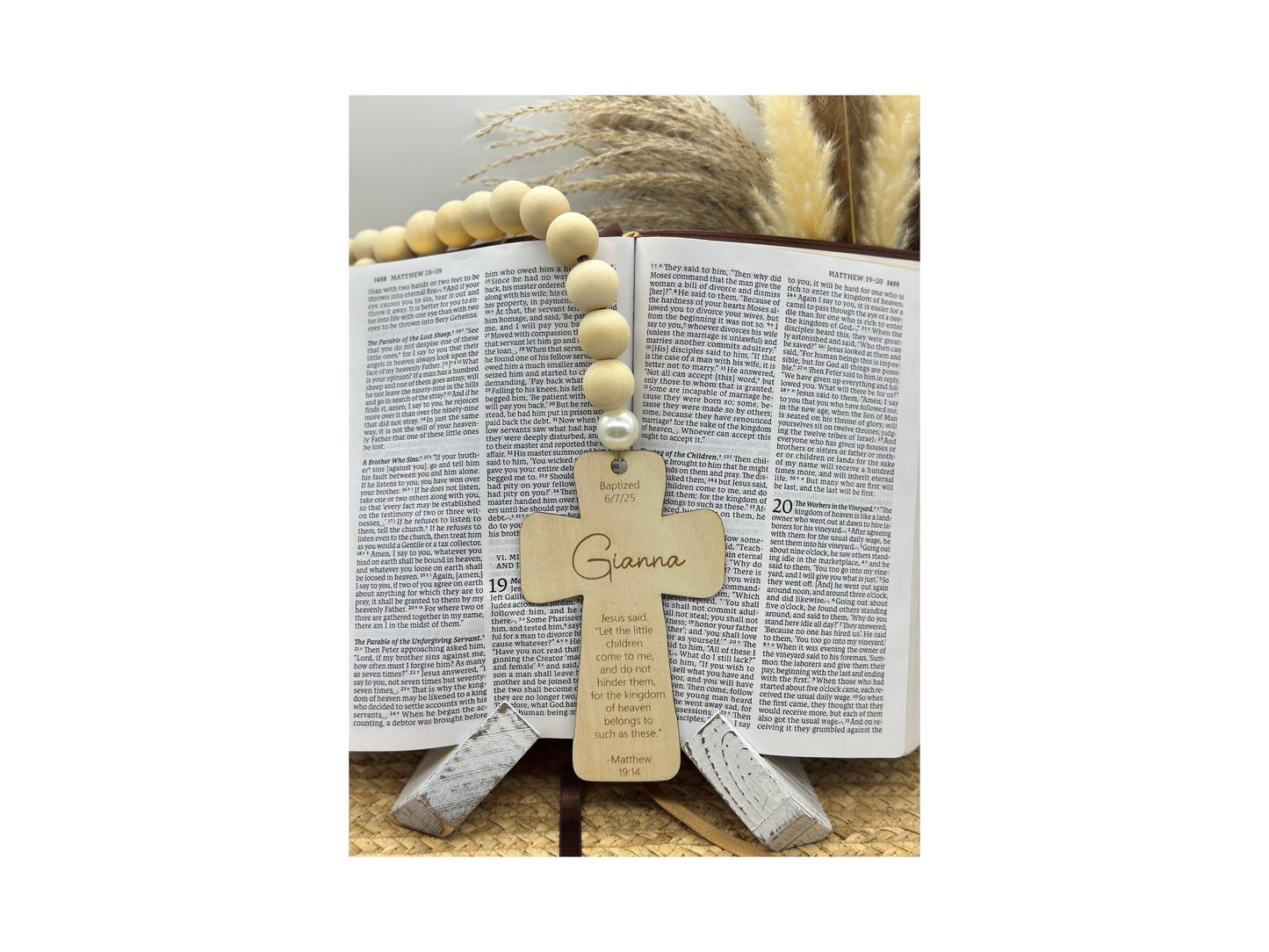 Personalized Wood Bead Hanging Cross: Baptism/Communion Gift