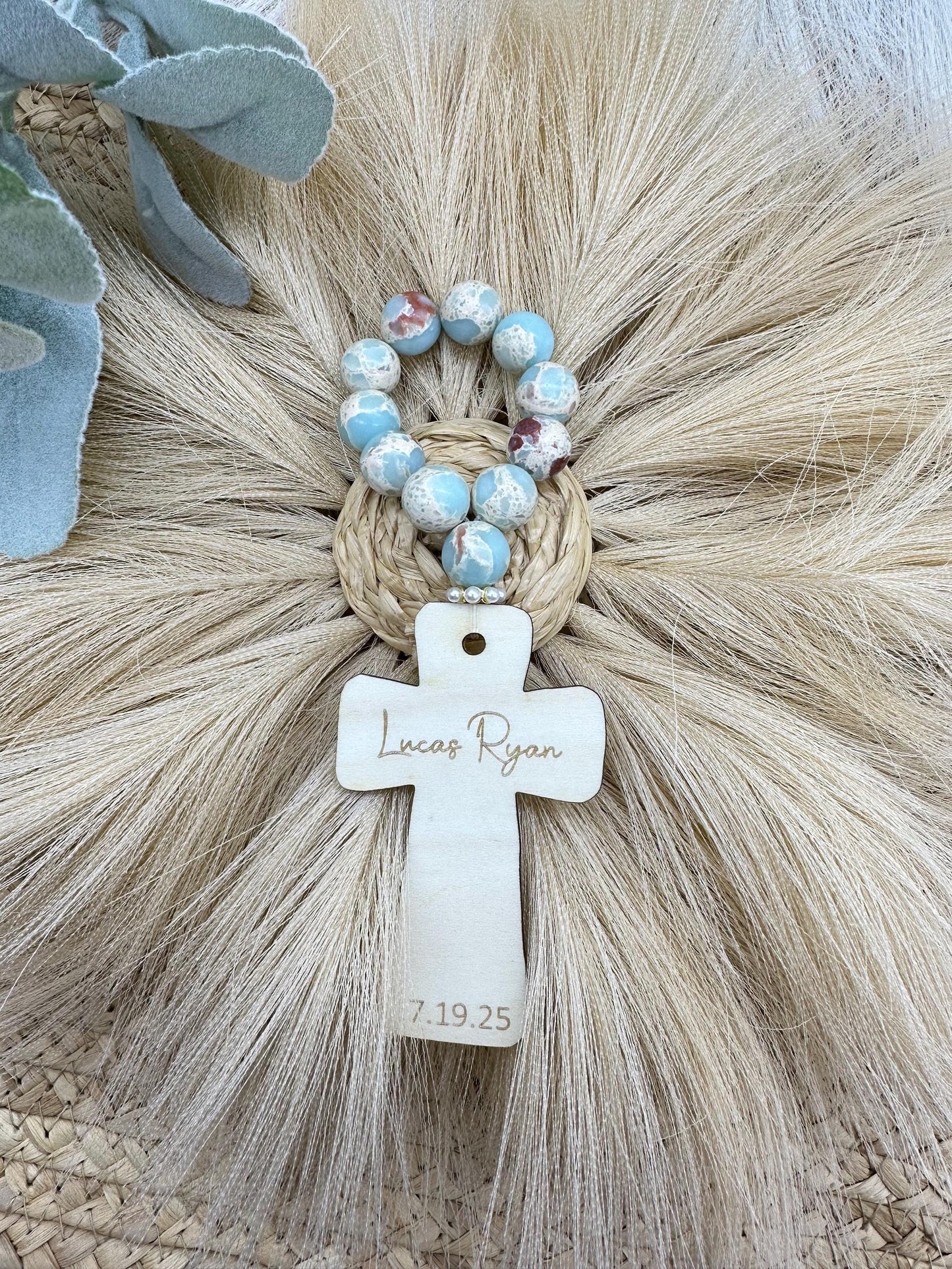 Stone Decade Rosary with Pearls: Baptism/Communion Gift