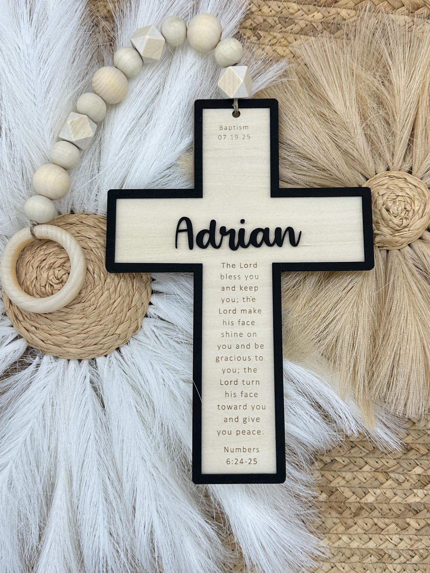 Personalized Beaded Hanging Cross: Engraved Name, Baptism Gift