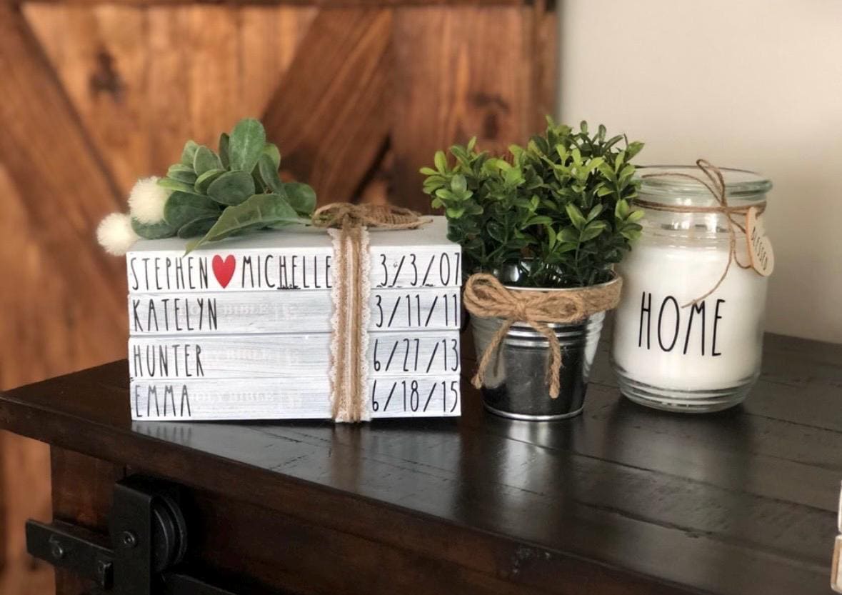 Personalized Family Bible Book Stack: Farmhouse Decor, Custom Names & Dates