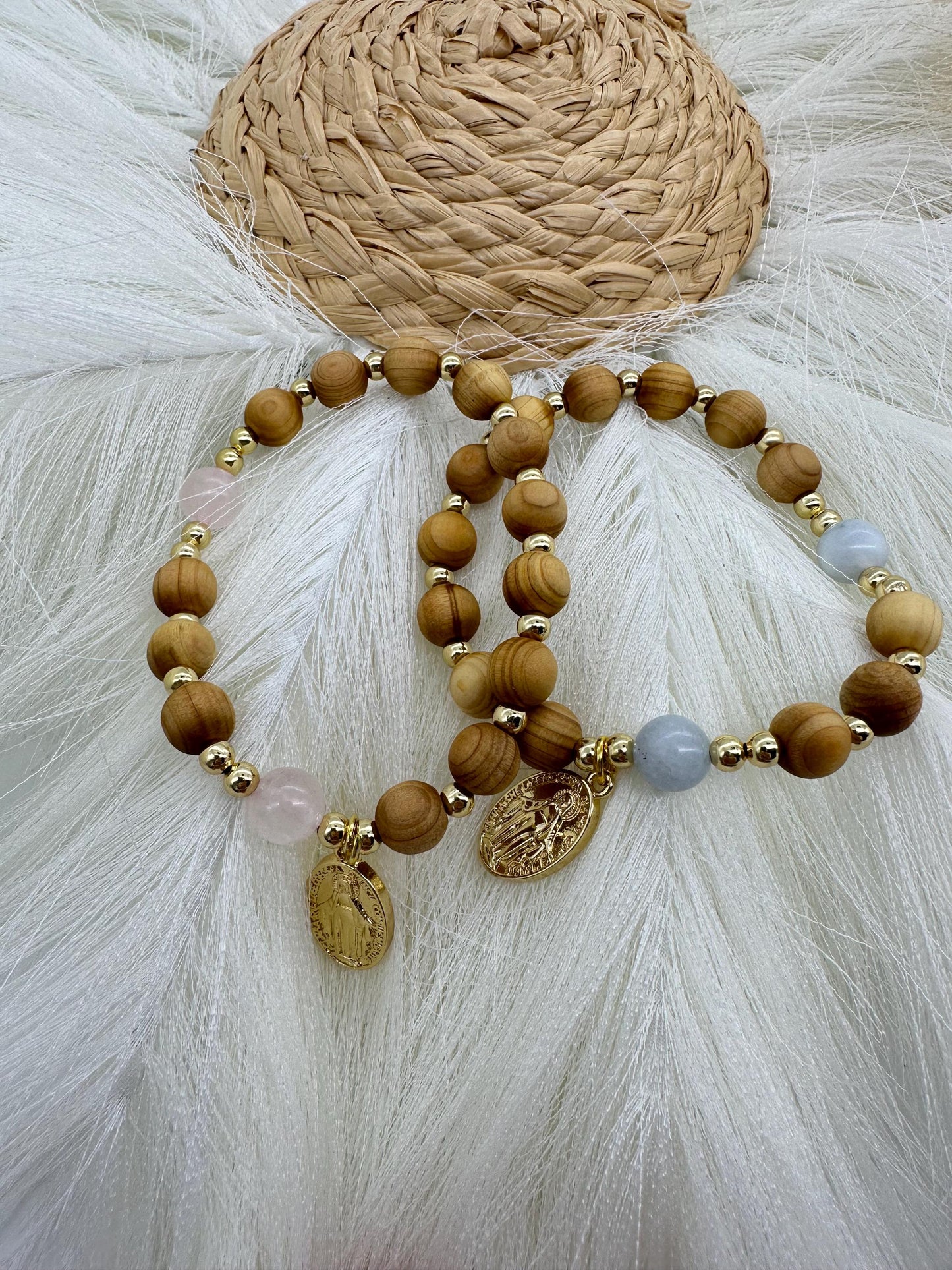 Olive Wood Rosary Bracelet: Miraculous Medal, Rose Quartz or Aquamarine