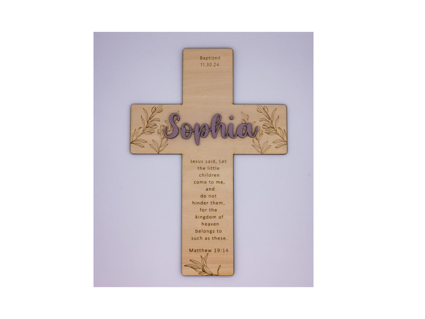 Personalized Olive Branch Wood Cross: Baptism, First Communion Gift
