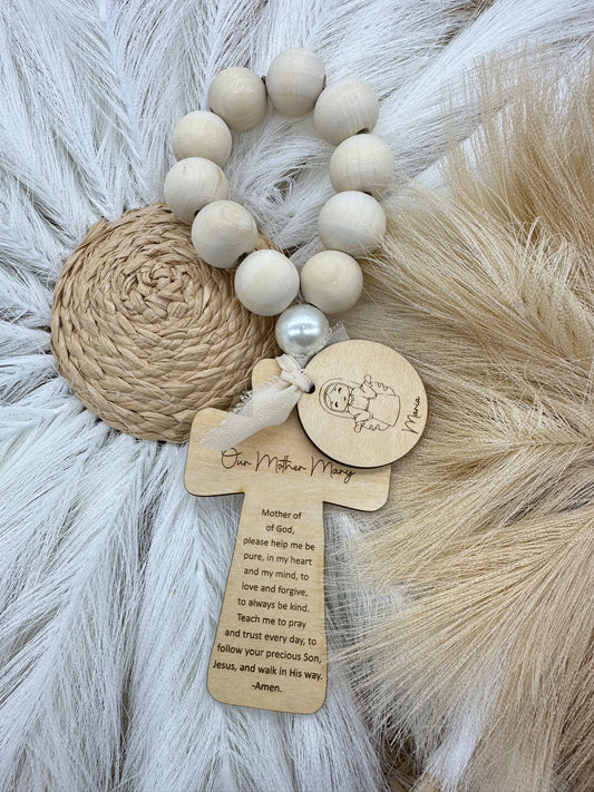Our Mother Mary Wood Bead Decade Rosary: Catholic Prayer Beads | Baptism Gift