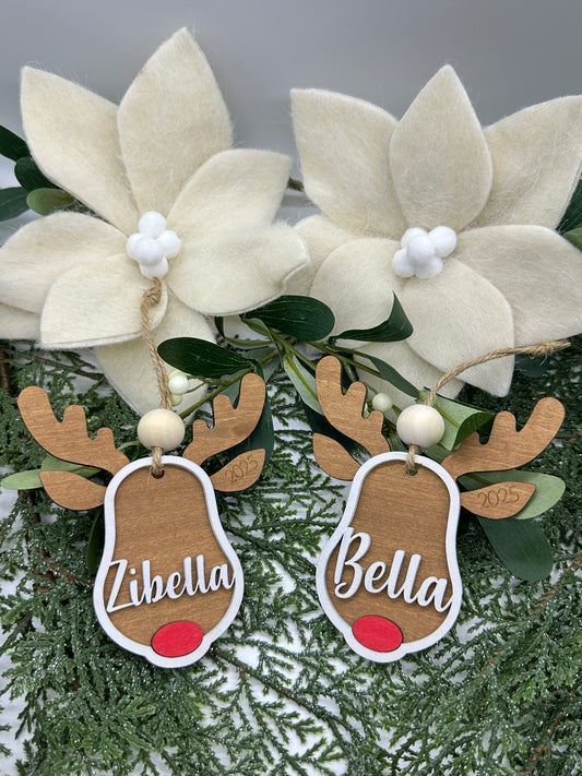 Personalized Rustic Rudolph Reindeer Ornament | Versatile Holiday Decor | Gift Tag & Burr Basket Tag | Child Christmas Keepsake