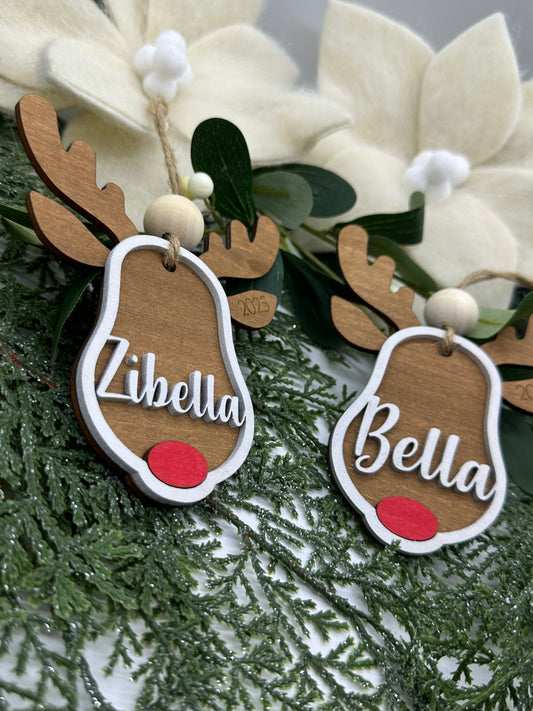 Personalized Rustic Rudolph Reindeer Ornament | Versatile Holiday Decor | Gift Tag & Burr Basket Tag | Child Christmas Keepsake