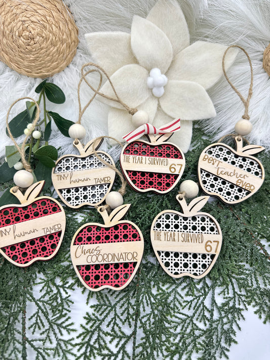 Rattan Apple Teacher Ornament | Personalized Teacher Christmas Gift | Custom Classroom Appreciation Keepsake