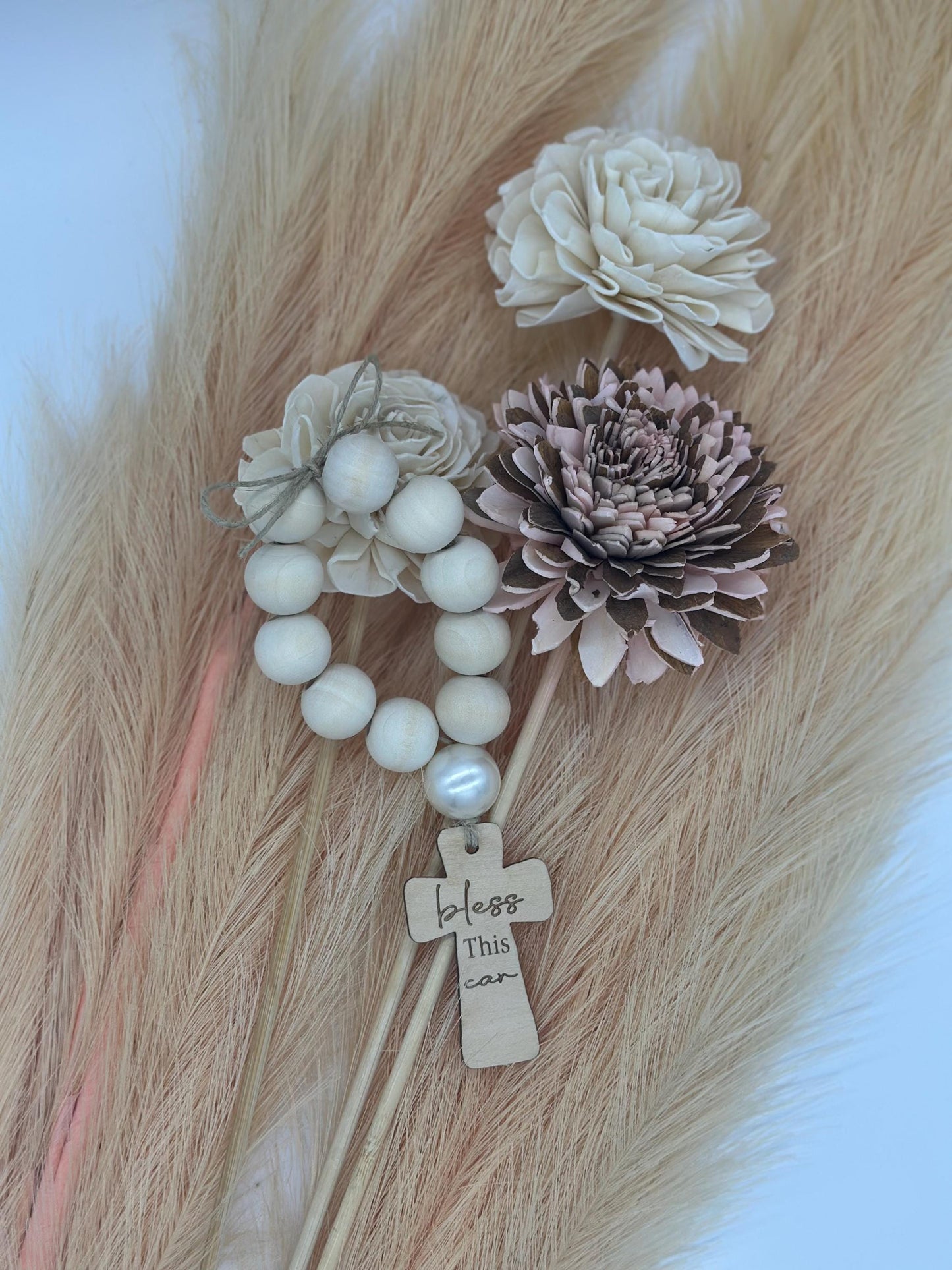 Wood Car Rosary: "God Bless This Car" Rearview Mirror Charm