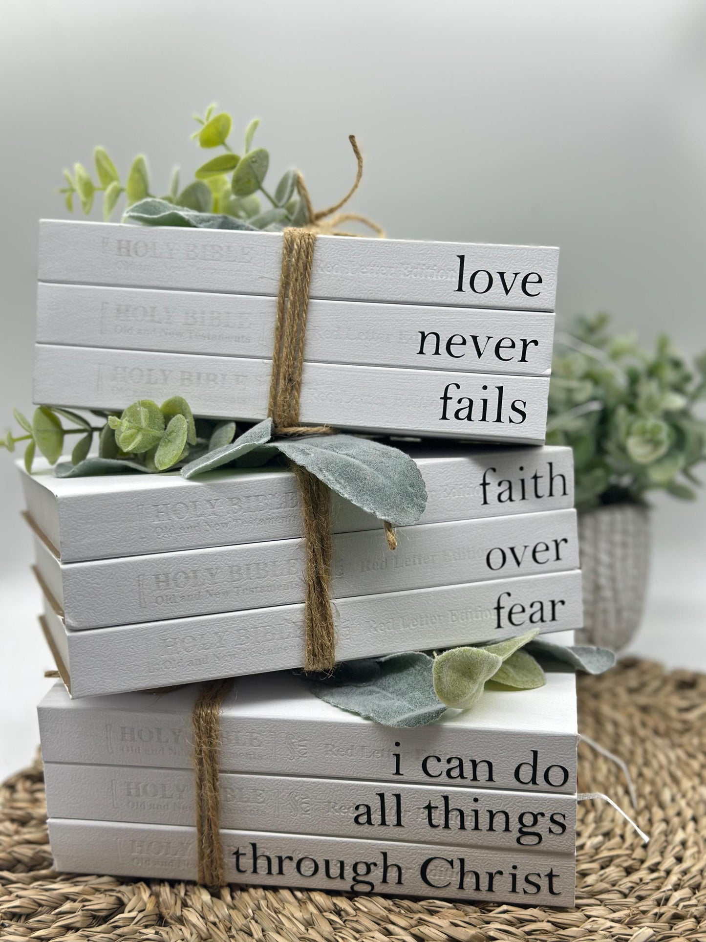 I Can Do All Things Farmhouse Bible Book Stack: Decorative Book Set with Greenery