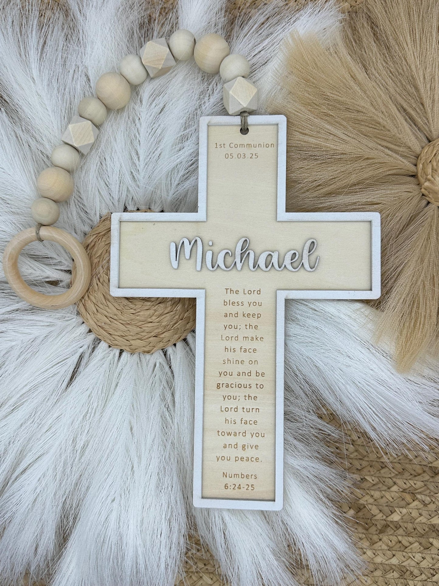 Personalized Beaded Hanging Cross: Engraved Name, Baptism Gift