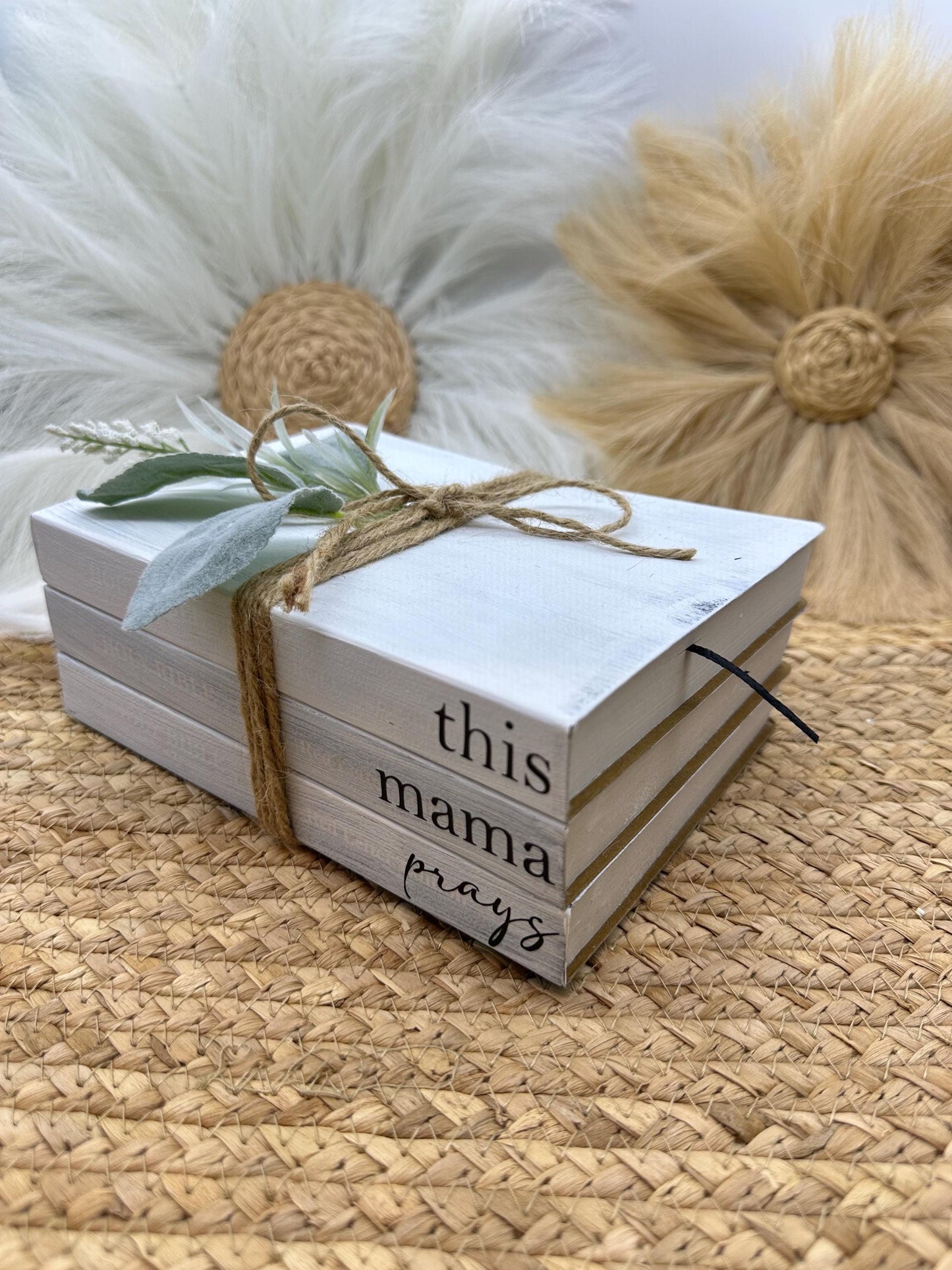 Farmhouse Bible Book Stack: This Mama Prays Decor, Greenery Accents