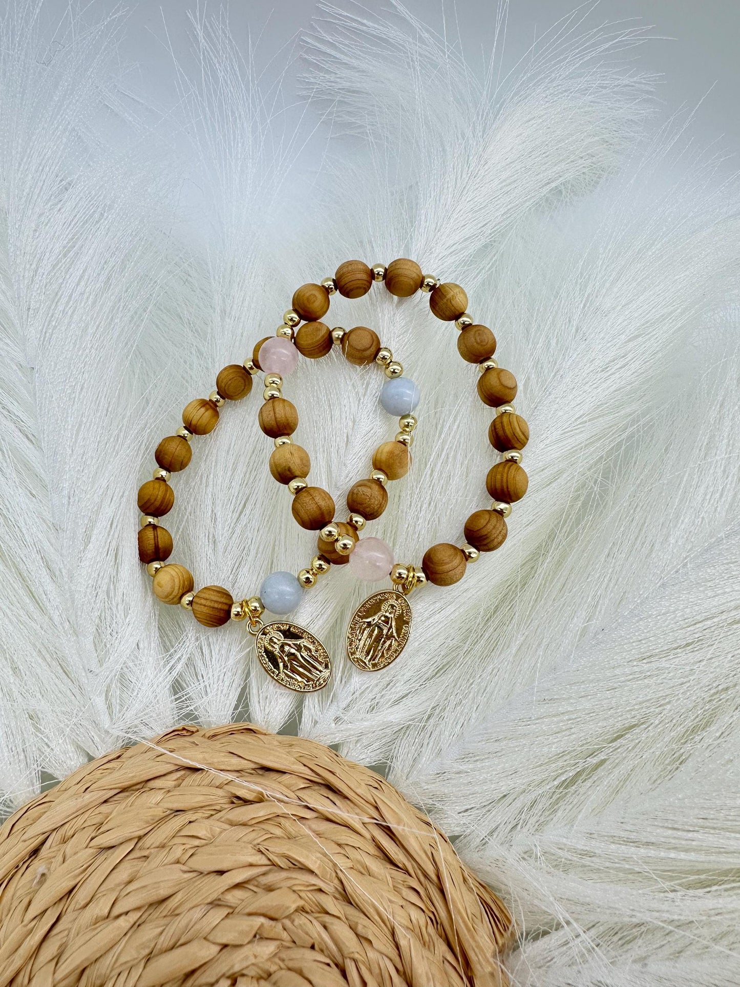 Olive Wood Rosary Bracelet: Miraculous Medal, Rose Quartz or Aquamarine