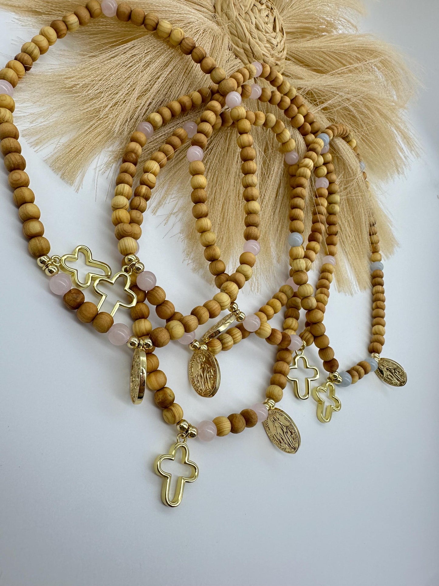 Olive Wood Rosary Wrap Bracelet: Rose Quartz or Aquamarine, Miraculous Mary Charm