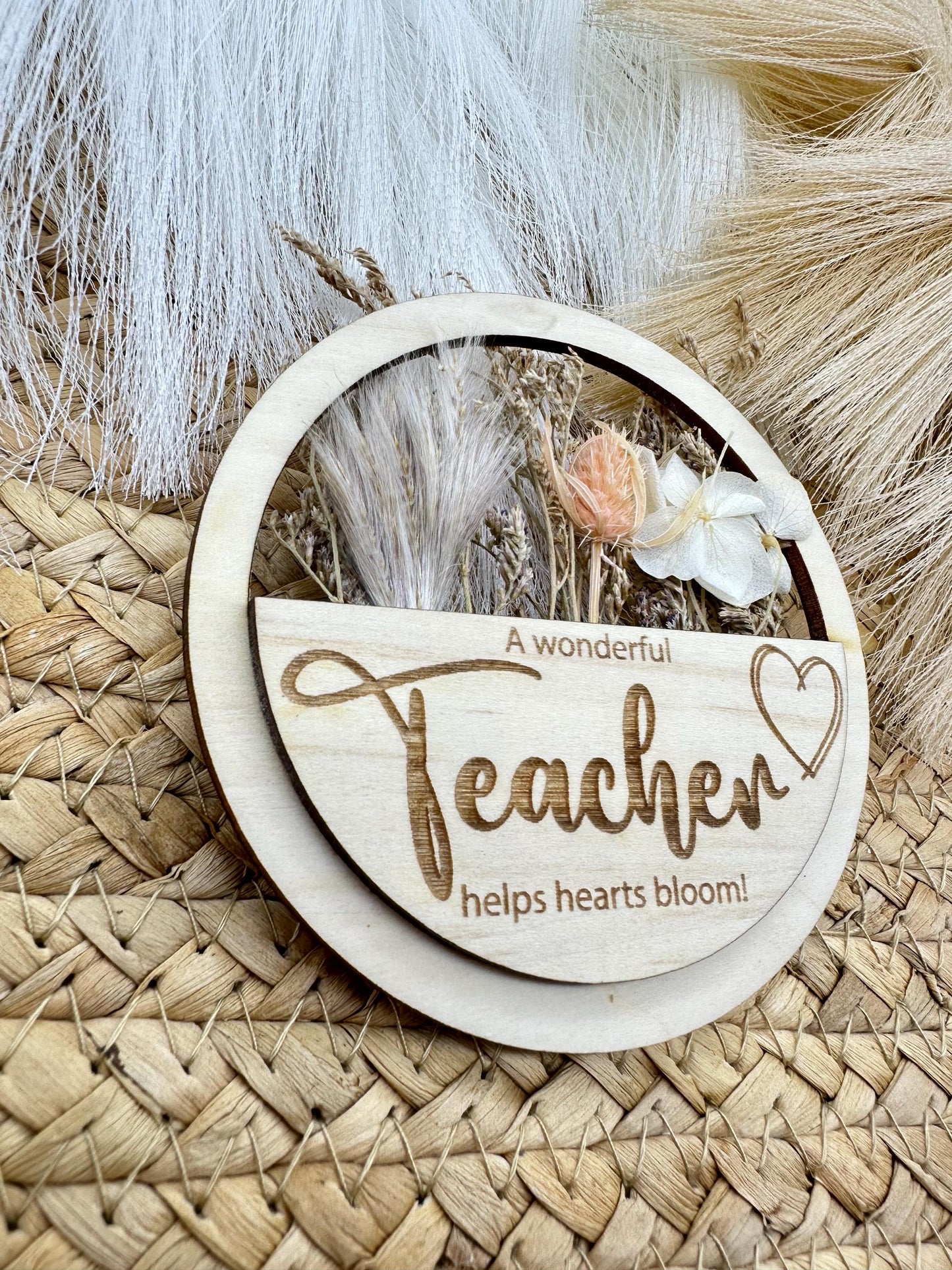 Engraved Wood Teacher Magnet: Dried Flower Keepsake