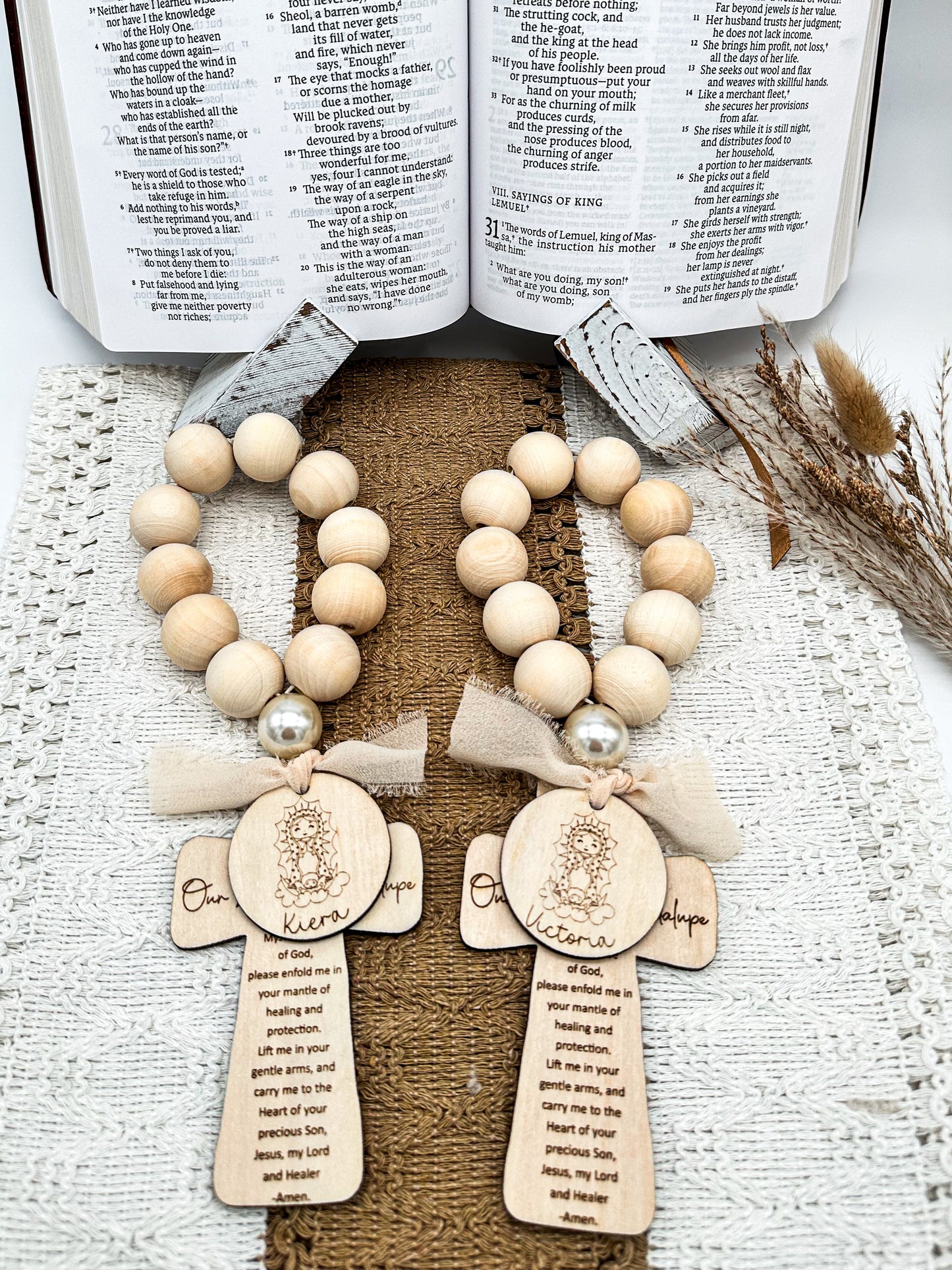 Our Mother Mary Wood Bead Rosary
