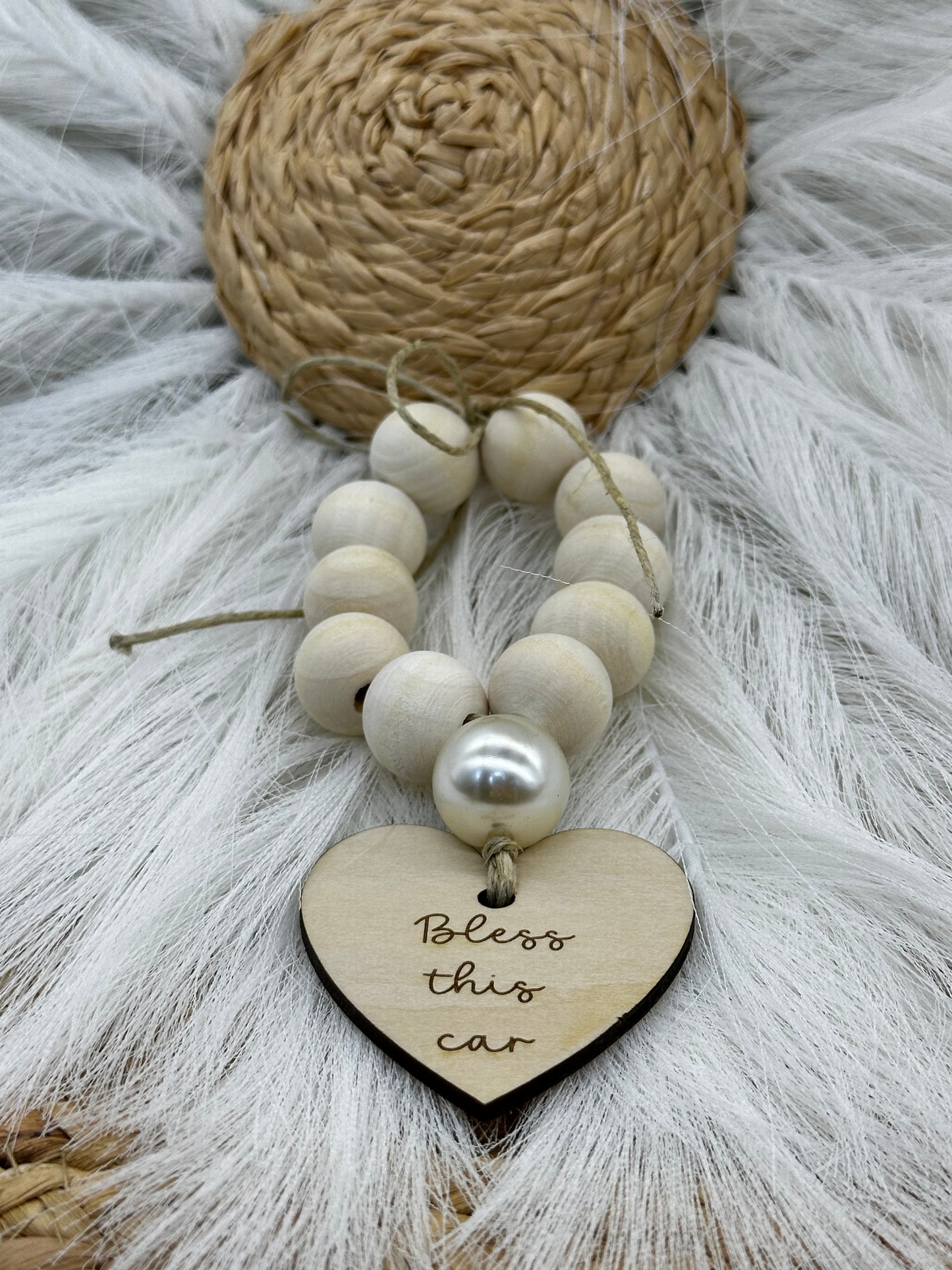 Wood Bead Car Rosary | God Bless This Car Charm