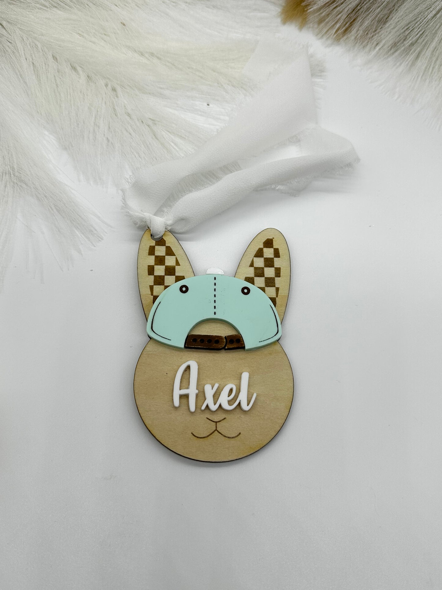 Personalized Easter Bunny Basket Tag with Name, Boy Bunny Tag with Baseball Cap, Custom Easter Basket Name Tag, Wooden Bunny Tag for Kids Easter Gift