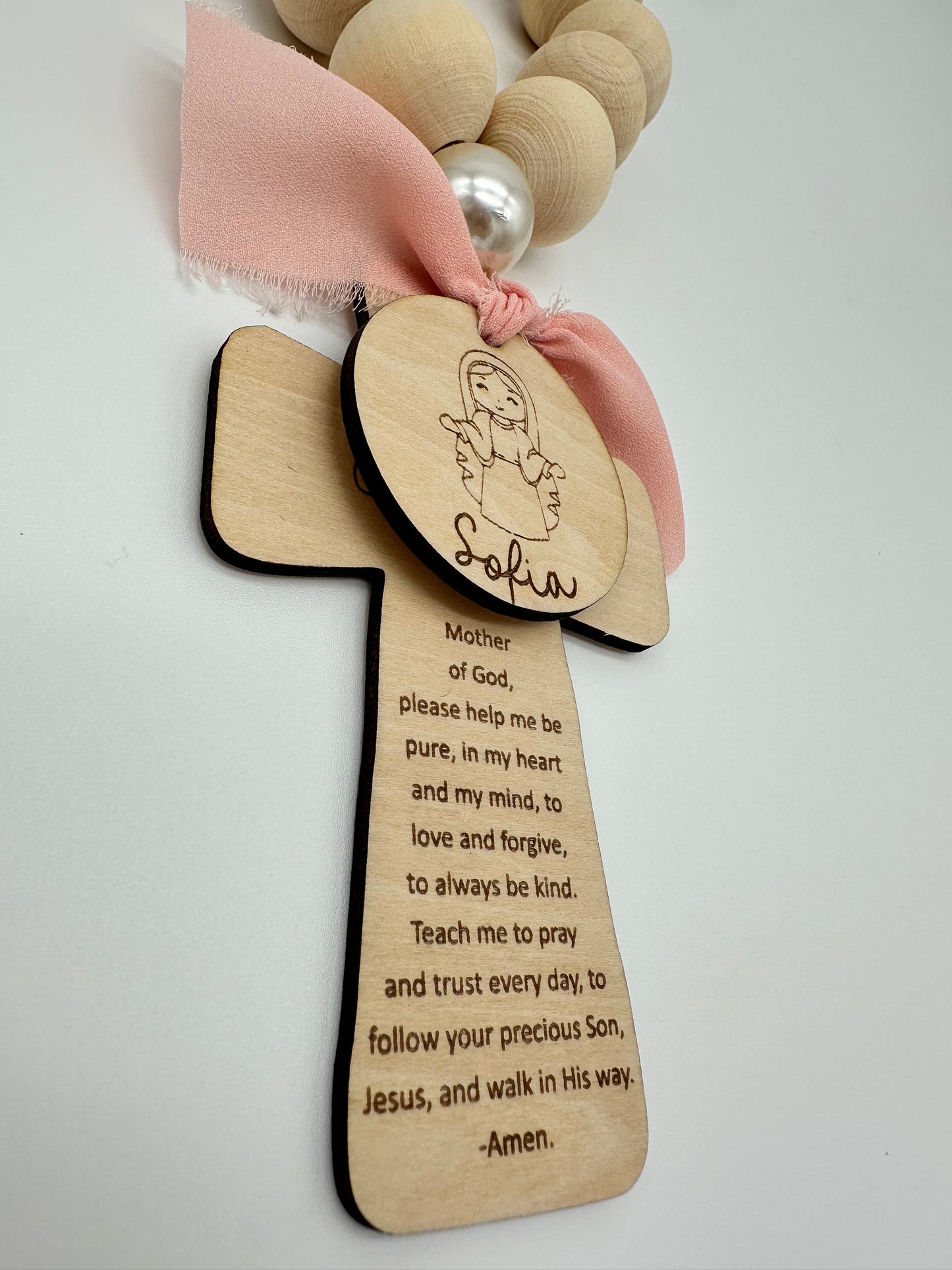 Our Mother Mary Wood Bead Rosary
