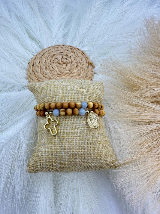 Olive Wood Rosary Wrap Bracelet: Rose Quartz or Aquamarine, Miraculous Mary Charm