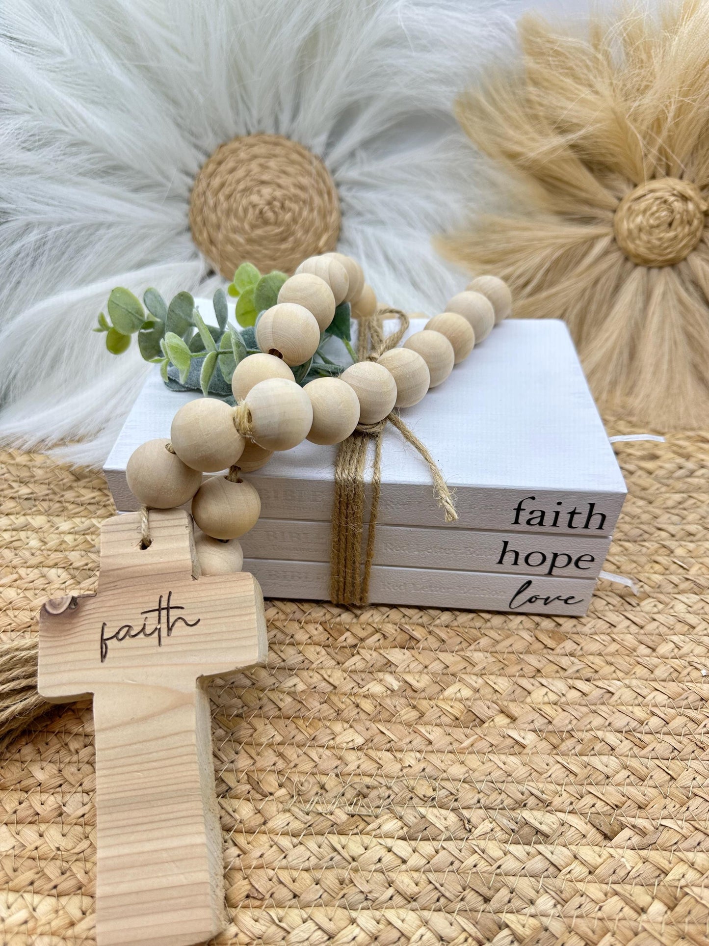 Faith Hope Love Bible Book Stack: Farmhouse Decor with Greenery