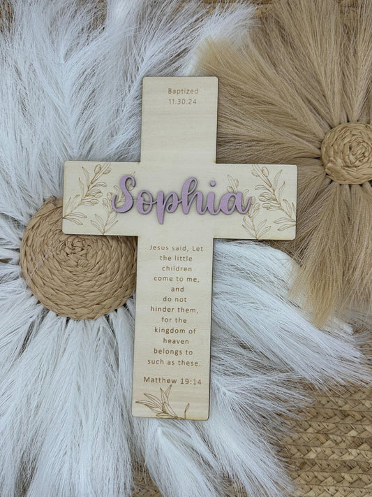 Personalized Olive Branch Wood Cross: Baptism, First Communion Gift