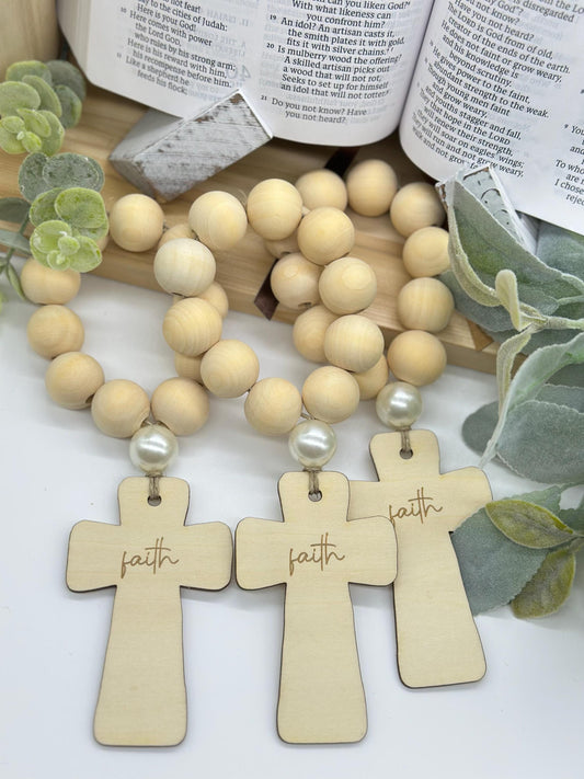 Wood Bead Rosary: Faith Prayer Beads with Wood Cross