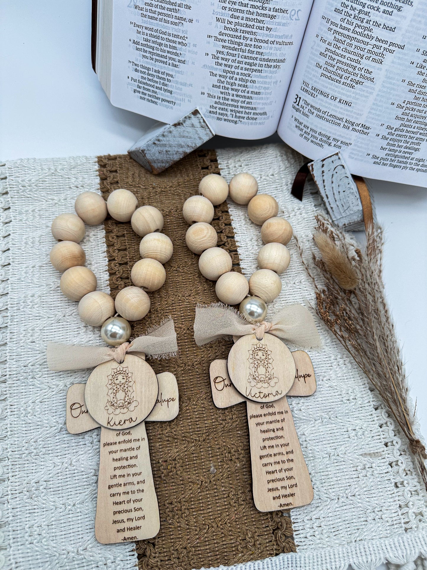 Our Mother Mary Wood Bead Rosary