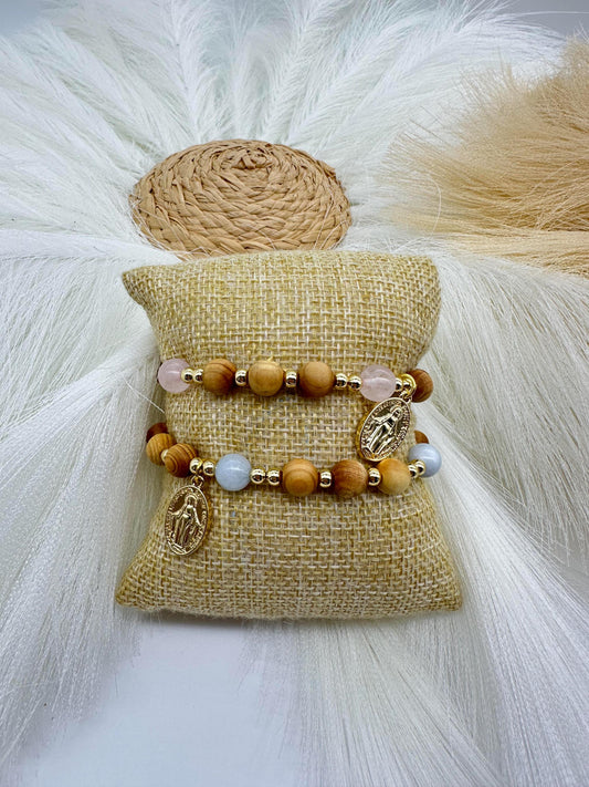 Olive Wood Rosary Bracelet: Miraculous Medal, Rose Quartz or Aquamarine