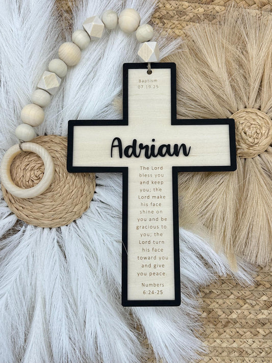 Personalized Beaded Hanging Cross: Engraved Name, Baptism Gift