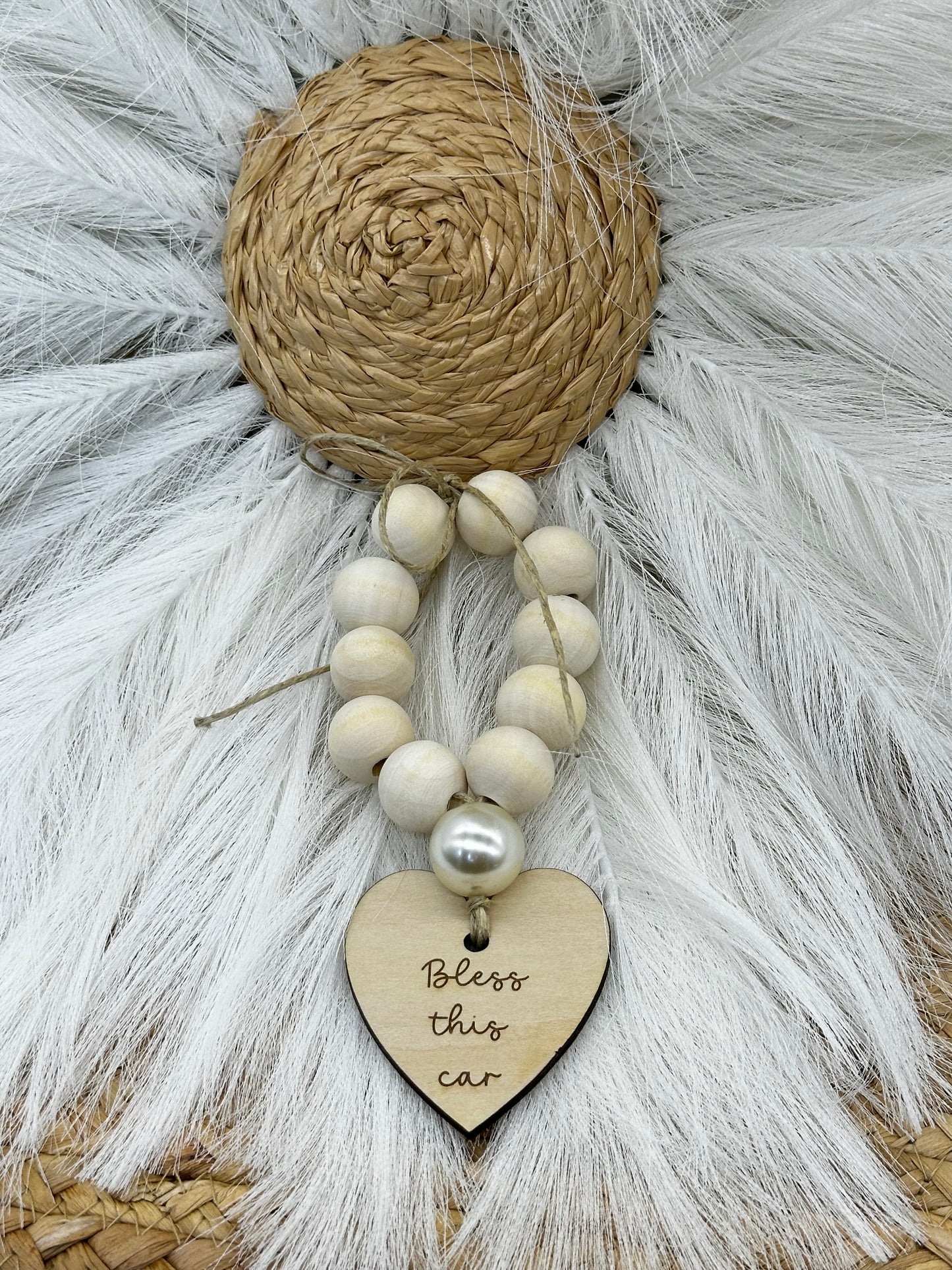 Wood Bead Car Rosary | God Bless This Car Charm