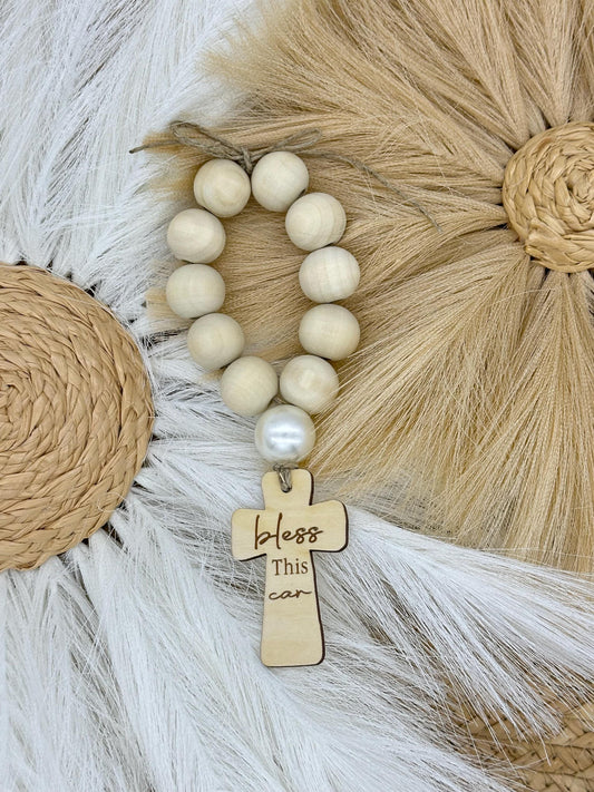 Wood Car Rosary: "God Bless This Car" Rearview Mirror Charm