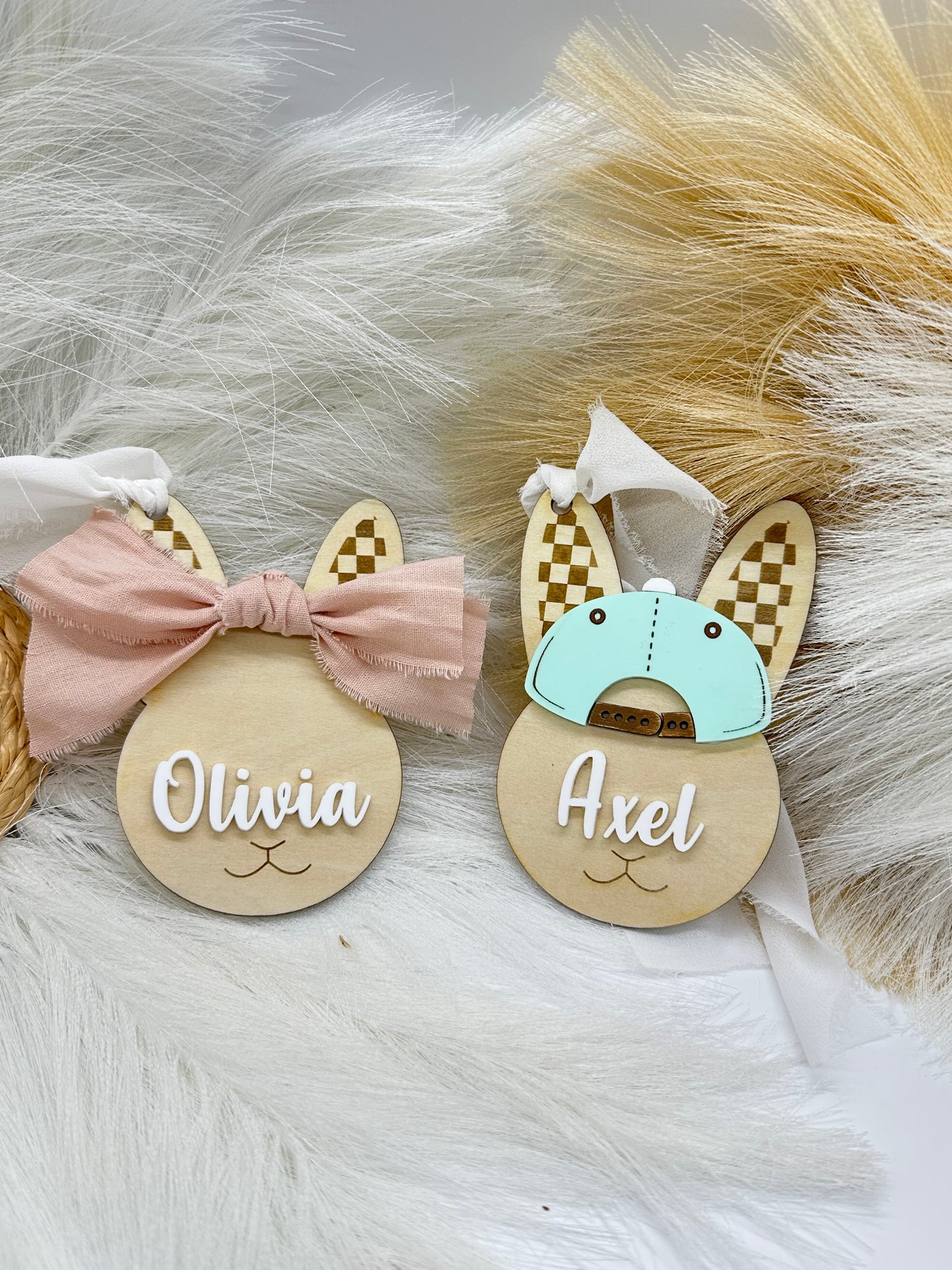 Personalized Easter Bunny Basket Tag with Name, Boy Bunny Tag with Baseball Cap, Custom Easter Basket Name Tag, Wooden Bunny Tag for Kids Easter Gift