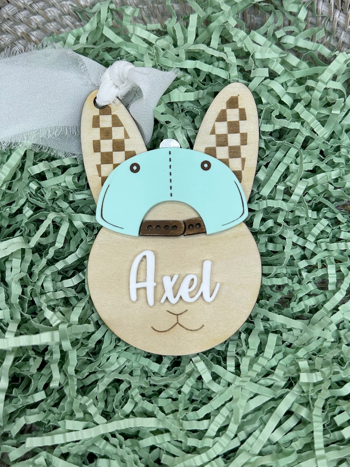 Personalized Easter Bunny Basket Tag with Name, Boy Bunny Tag with Baseball Cap, Custom Easter Basket Name Tag, Wooden Bunny Tag for Kids Easter Gift