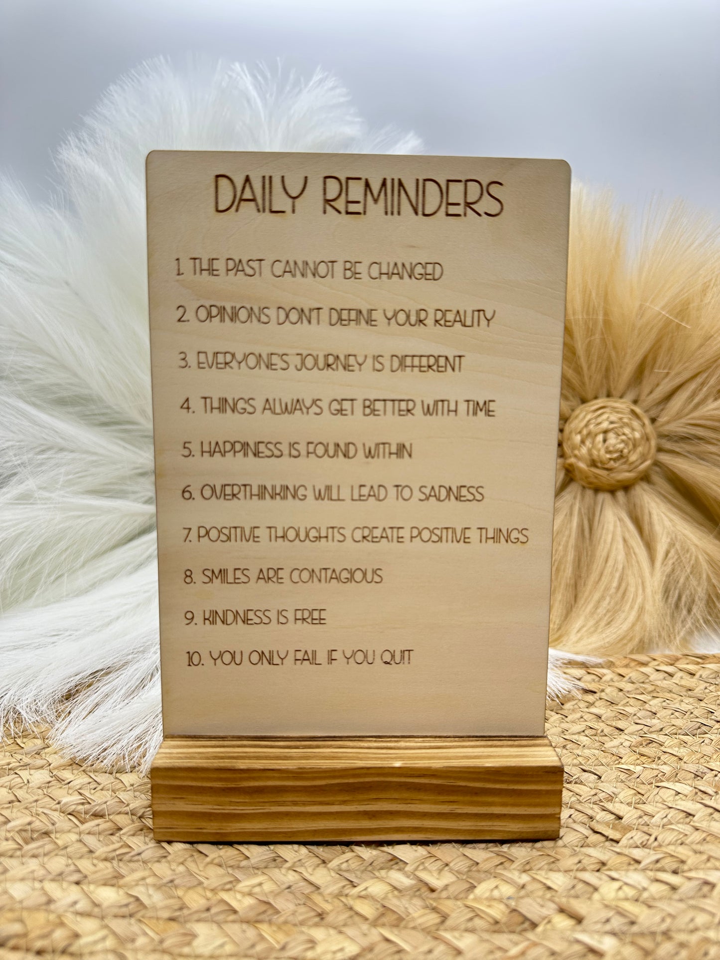 Daily Reminders Wood Sign | Inspirational Home Decor, Motivational Desk Sign, Engraved Wood Affirmation Sign