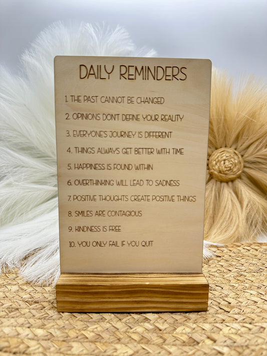 Daily Reminders Wood Sign | Inspirational Home Decor, Motivational Desk Sign, Engraved Wood Affirmation Sign