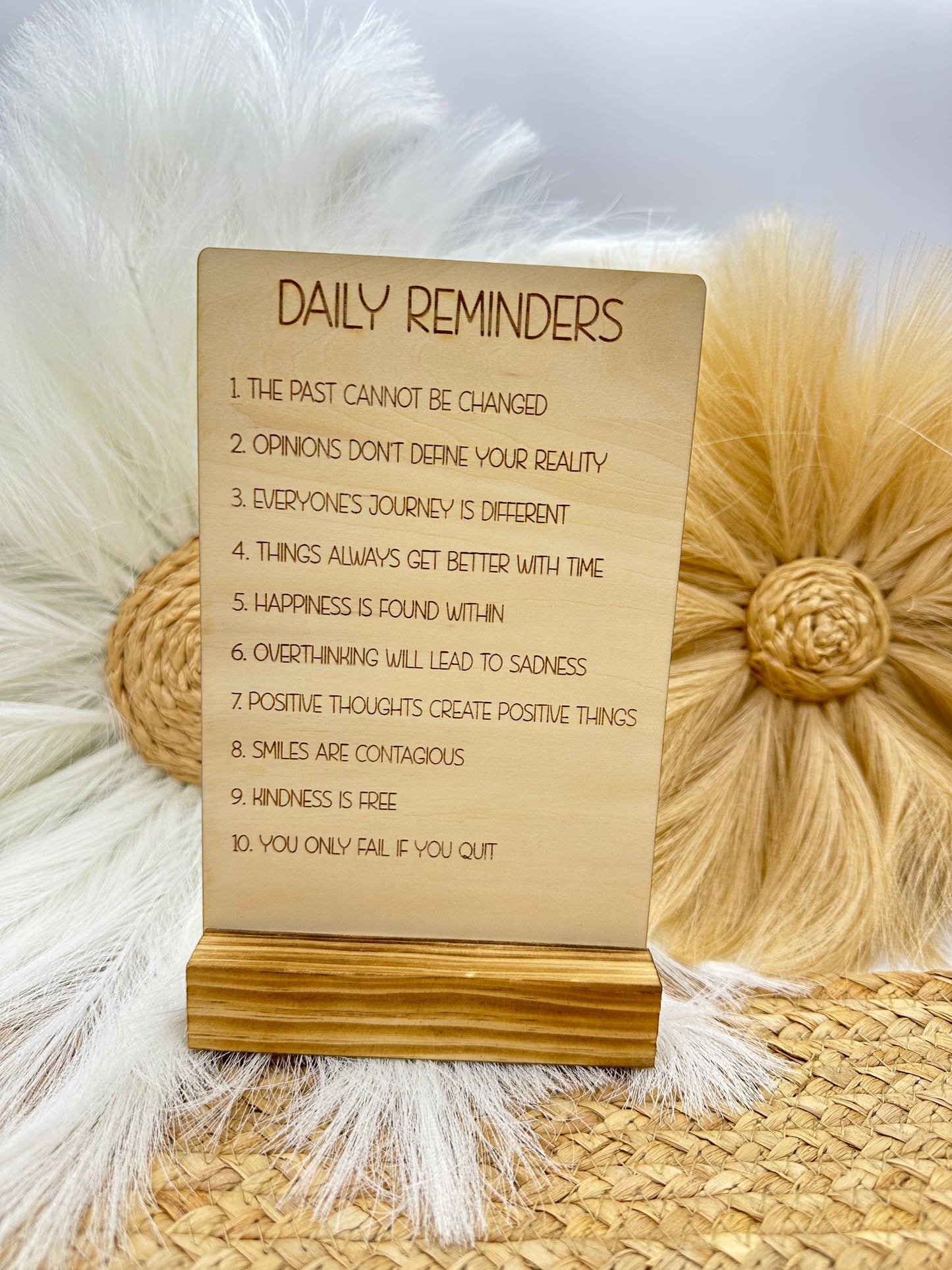 Daily Reminders Wood Sign | Inspirational Home Decor, Motivational Desk Sign, Engraved Wood Affirmation Sign