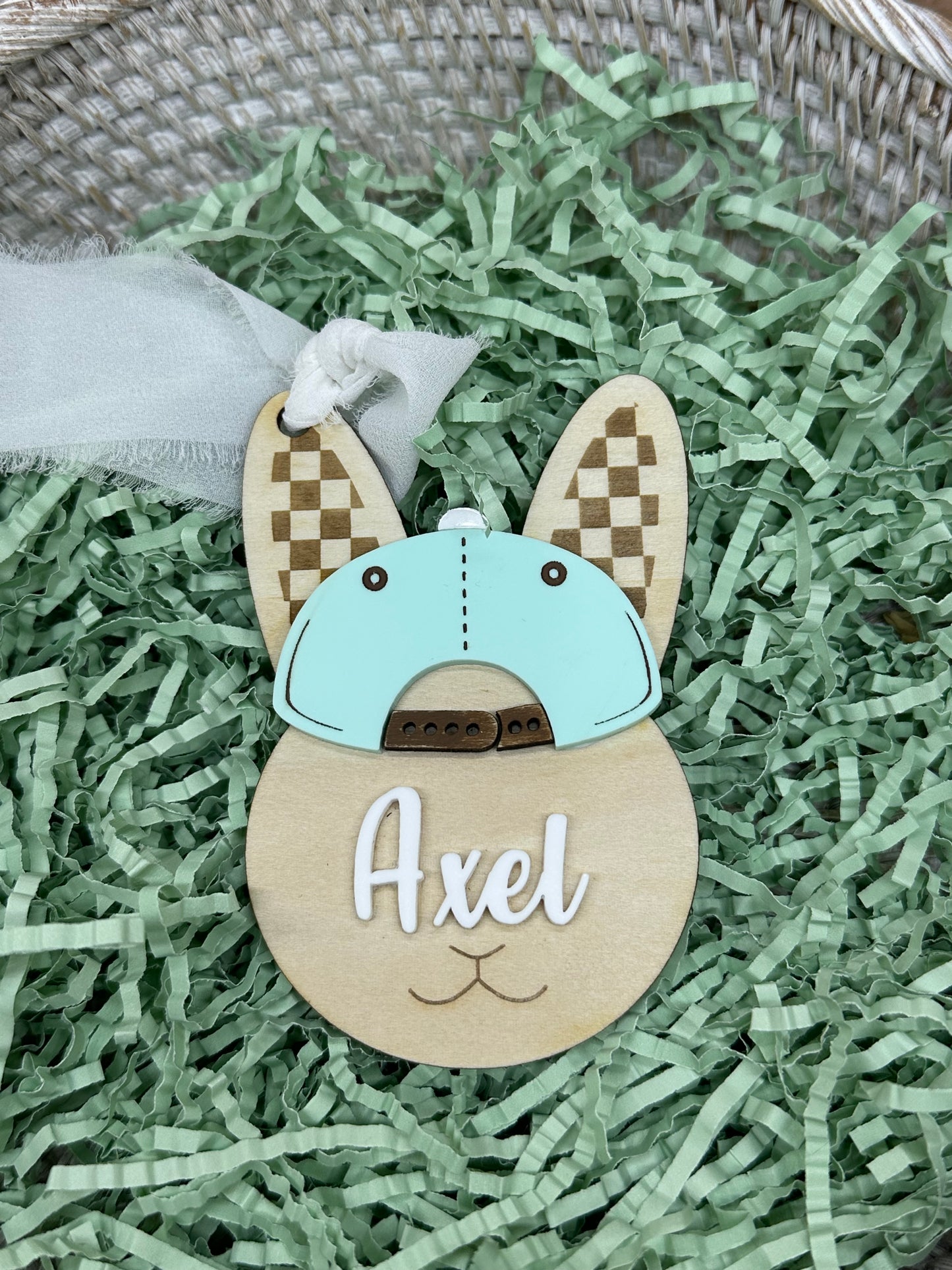Personalized Easter Bunny Basket Tag with Name, Boy Bunny Tag with Baseball Cap, Custom Easter Basket Name Tag, Wooden Bunny Tag for Kids Easter Gift